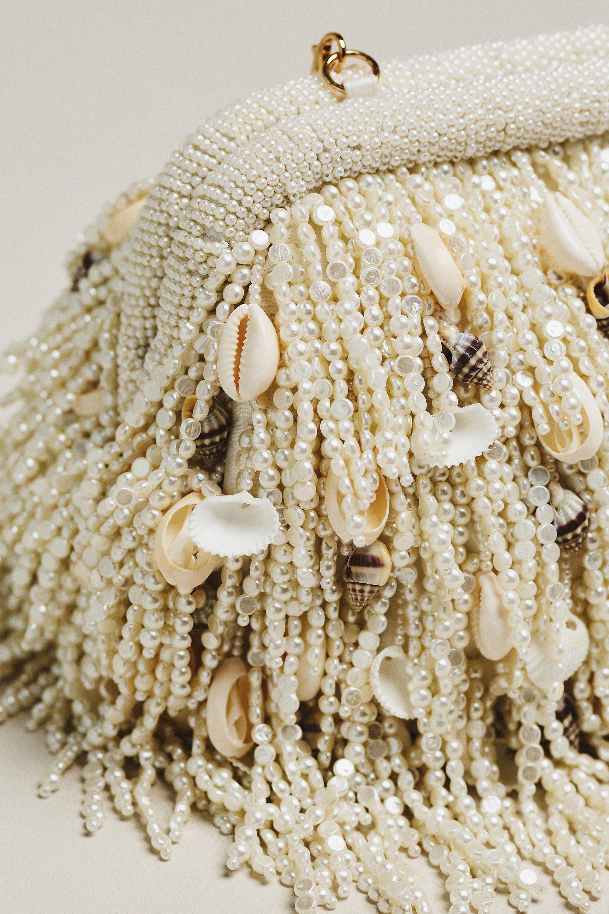 White Beaded Pearl & Shell Fringed Clutch Bag, A501_0010, large image number 3