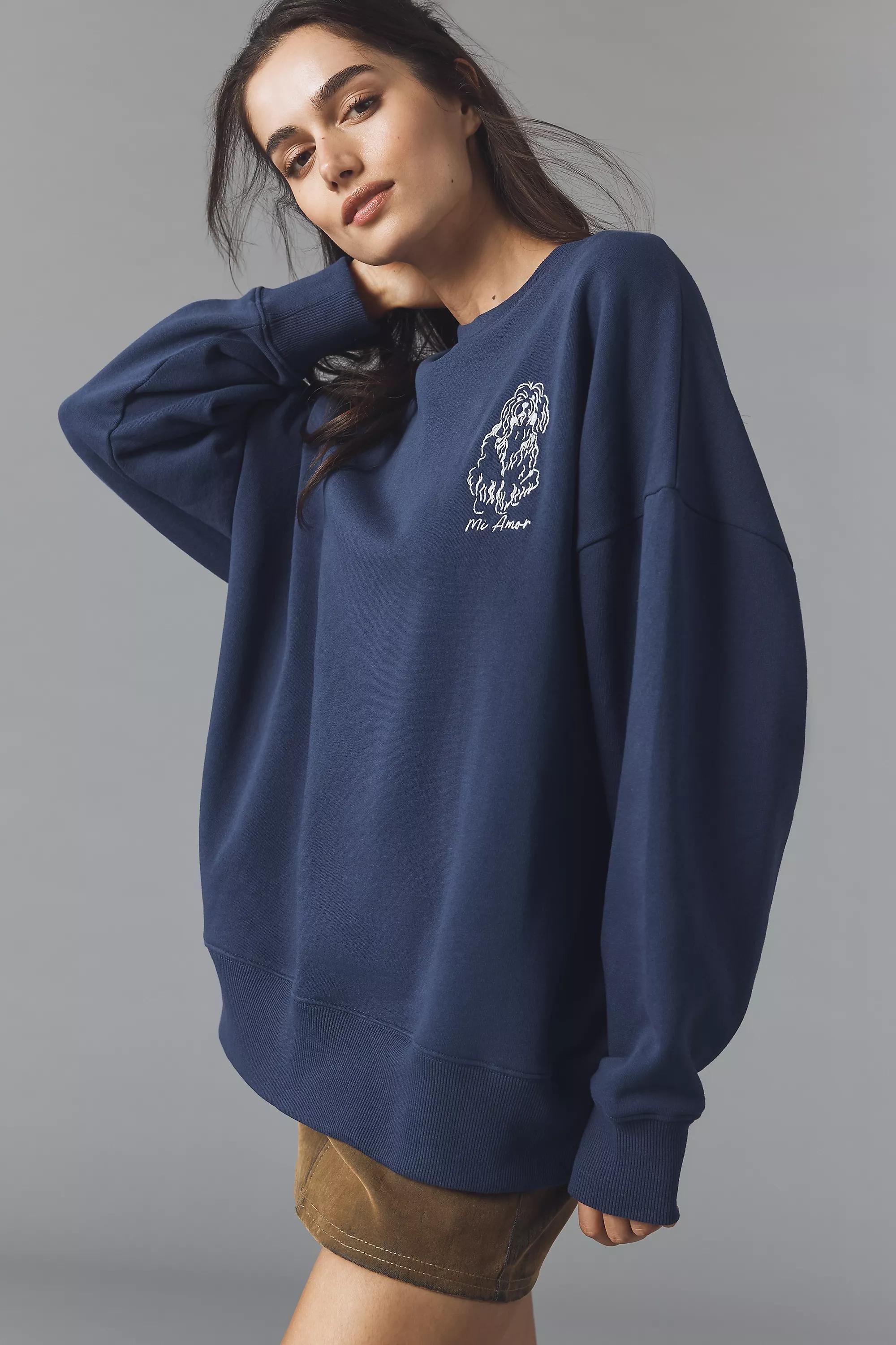 By Anthropologie Embroidered Pet Sweatshirt, Navy, A501_0041, medium