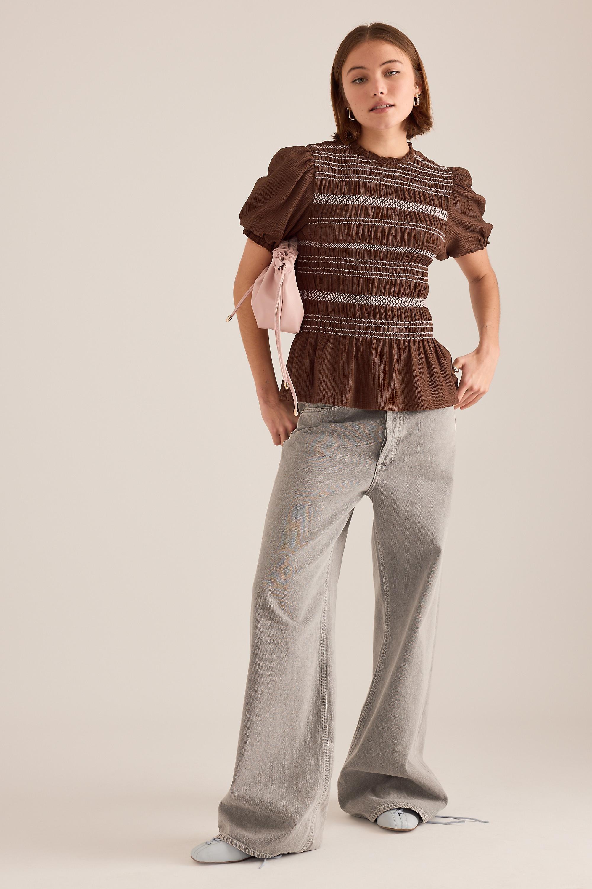 By Anthropologie Contrast Stitch Smocked Top, Brown, A501_0021, large image number 0