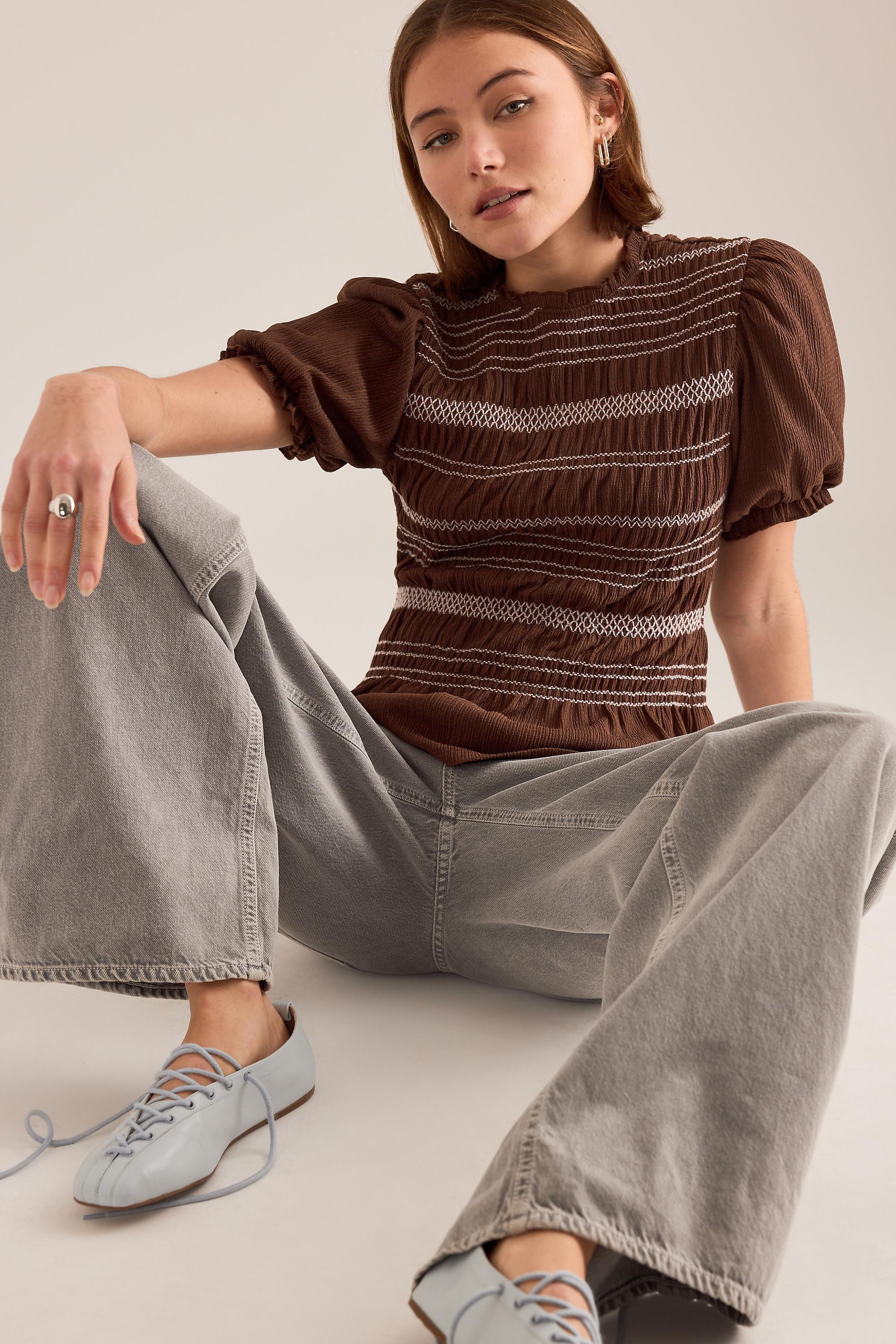 By Anthropologie Contrast Stitch Smocked Top, Brown, A501_0021, medium