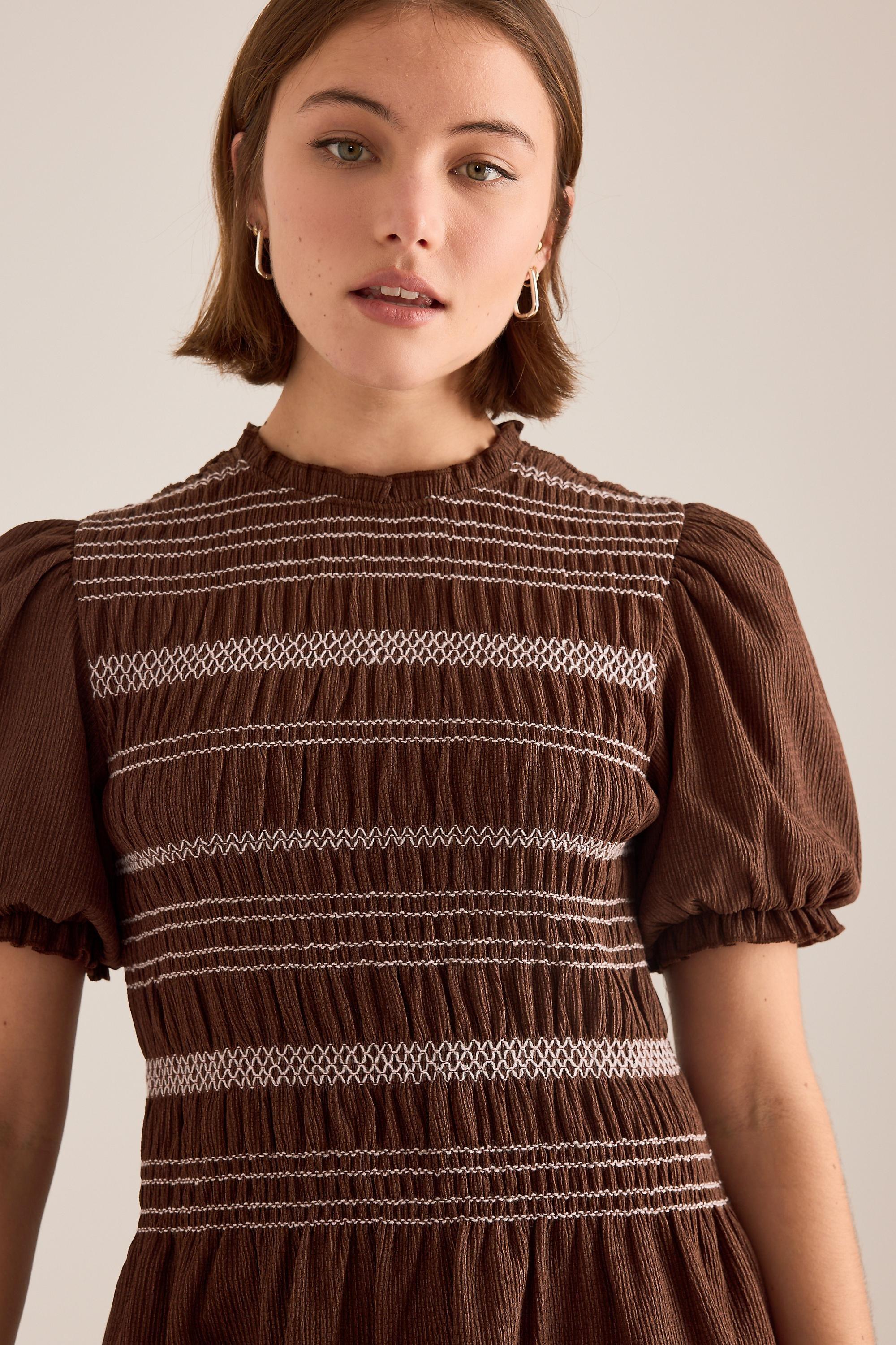 By Anthropologie Contrast Stitch Smocked Top, Brown, A501_0021, large image number 2