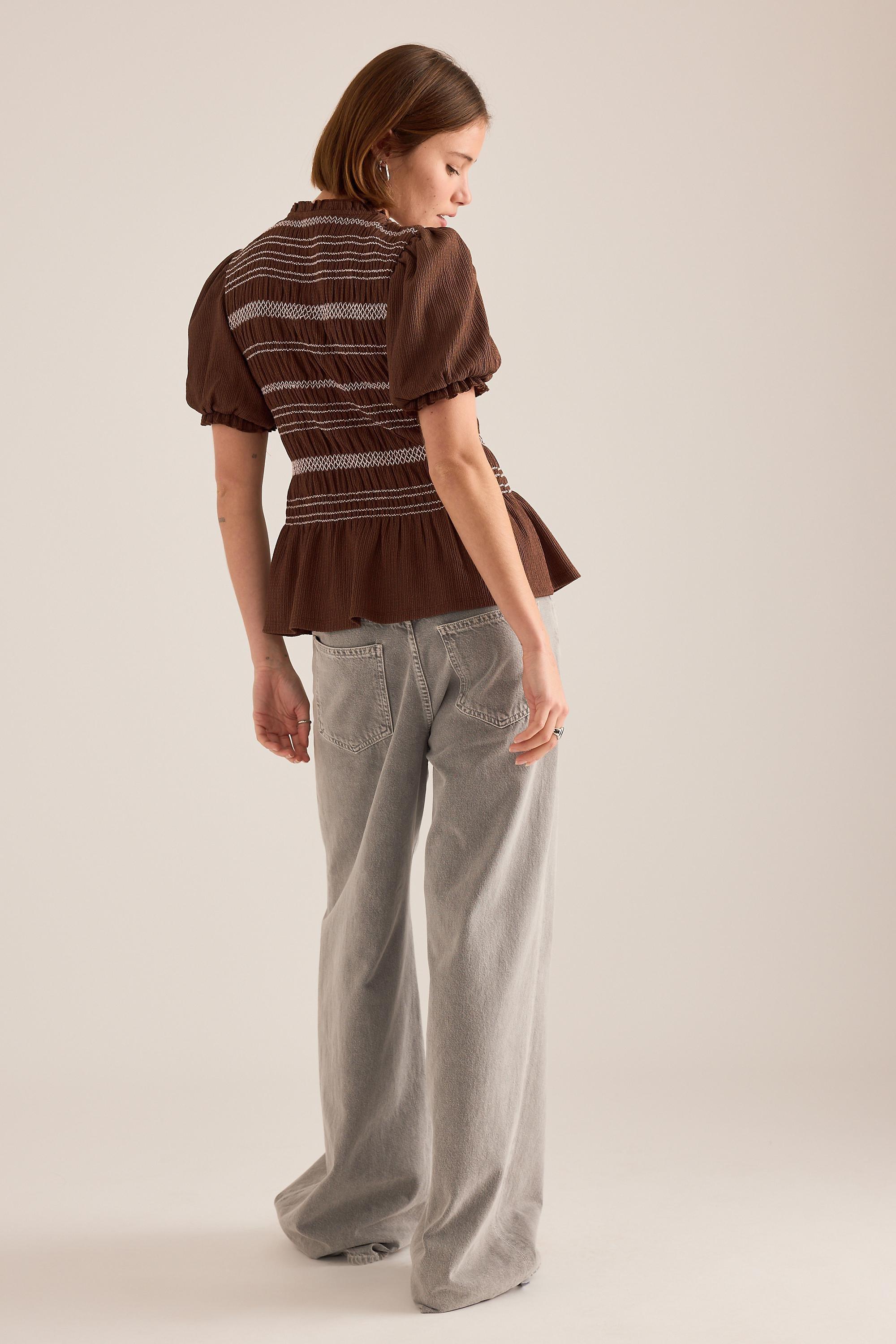 By Anthropologie Contrast Stitch Smocked Top, Brown, A501_0021, large image number 4