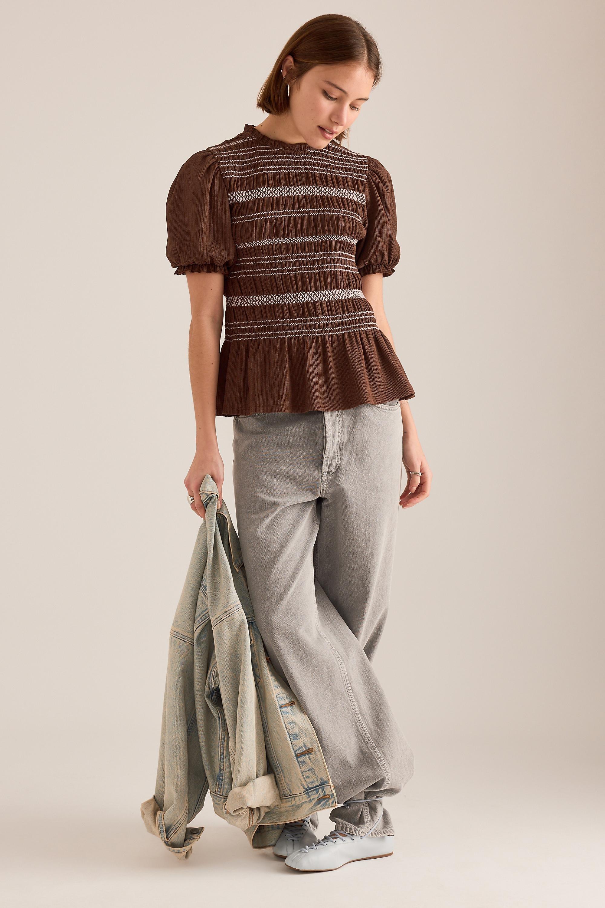 By Anthropologie Contrast Stitch Smocked Top, Brown, A501_0021, large image number 5