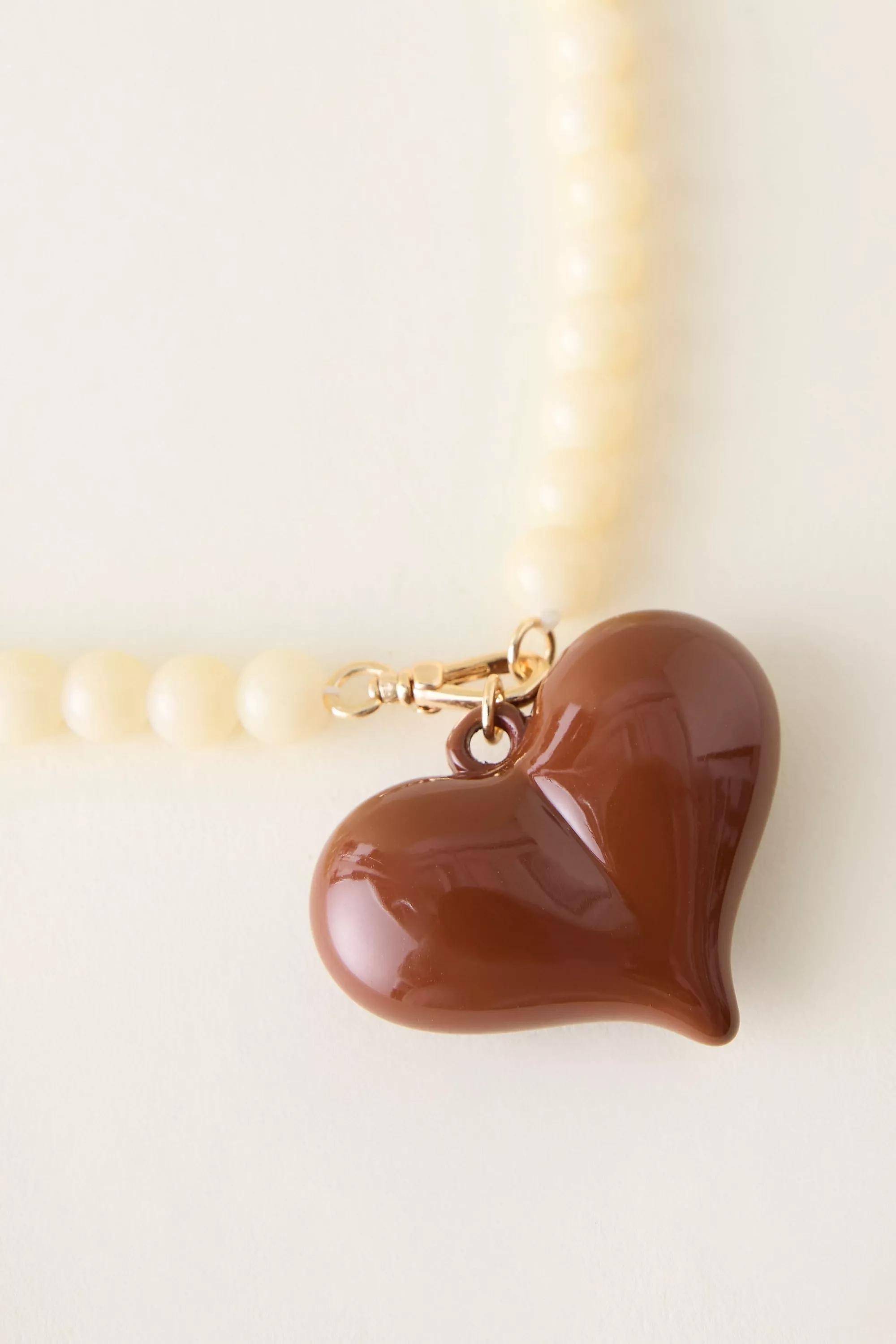 Beaded Heart Pendant Necklace, Brown, A501_0020, large image number 1