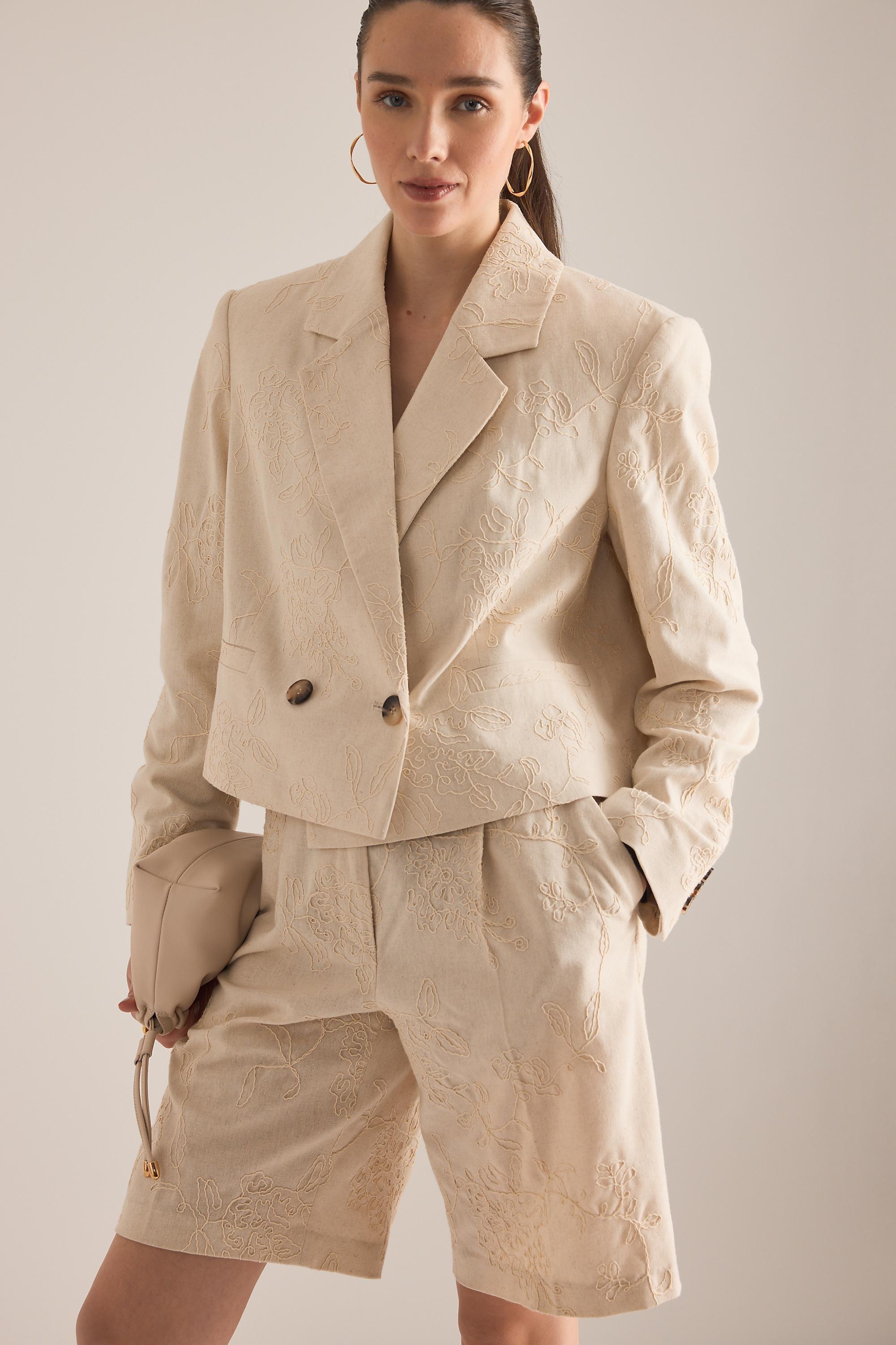 Maeve Embroidered Tailored Shorts, Cream, A501_0011, large image number 0