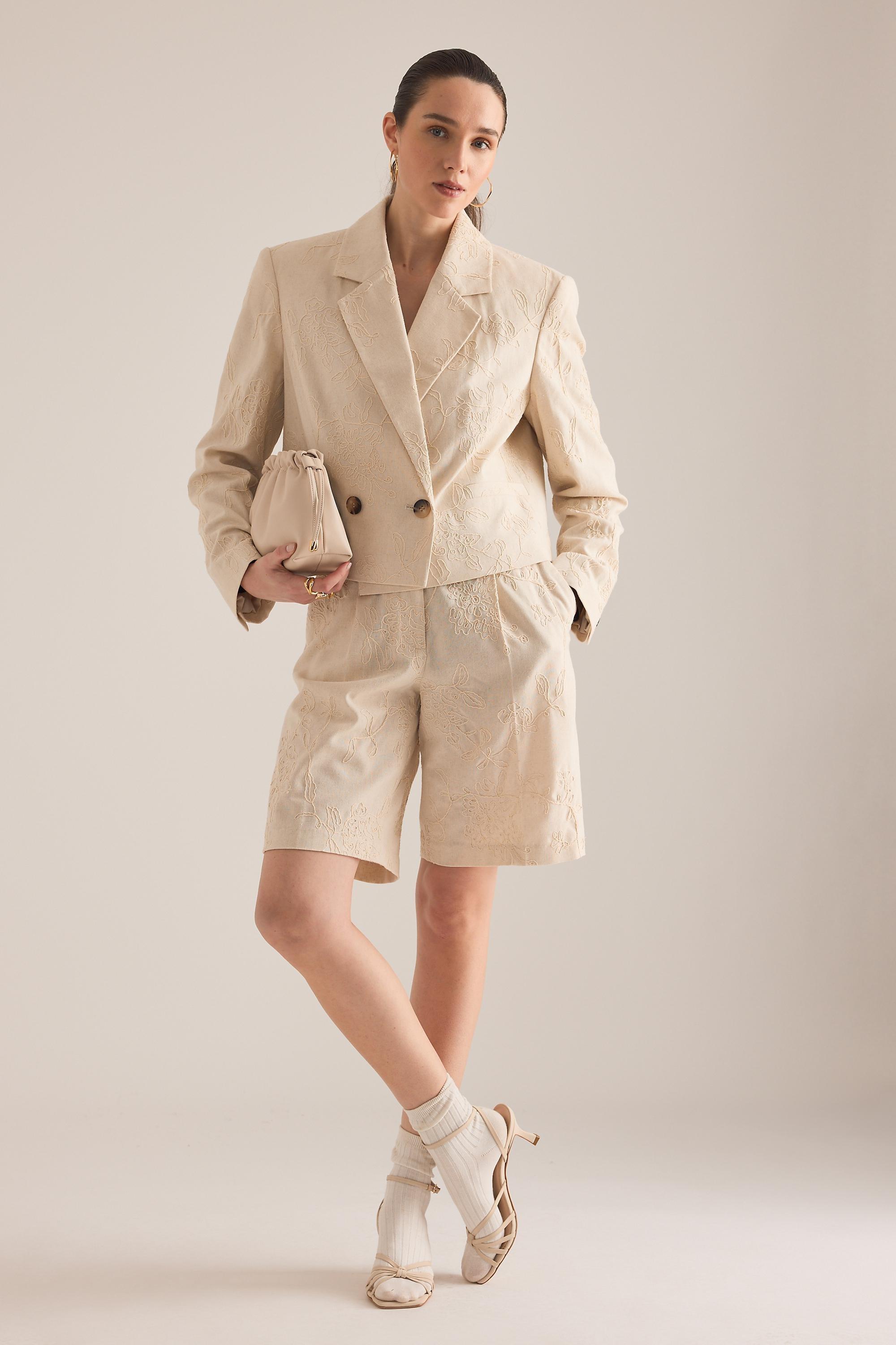 Maeve Embroidered Tailored Shorts, Cream, A501_0011, large image number 2