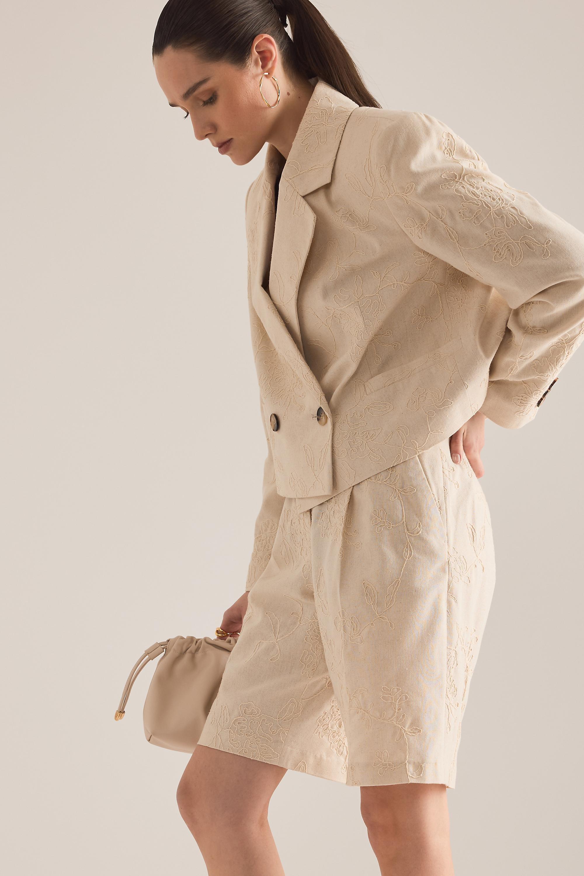 Maeve Embroidered Tailored Shorts, Cream, A501_0011, large image number 4