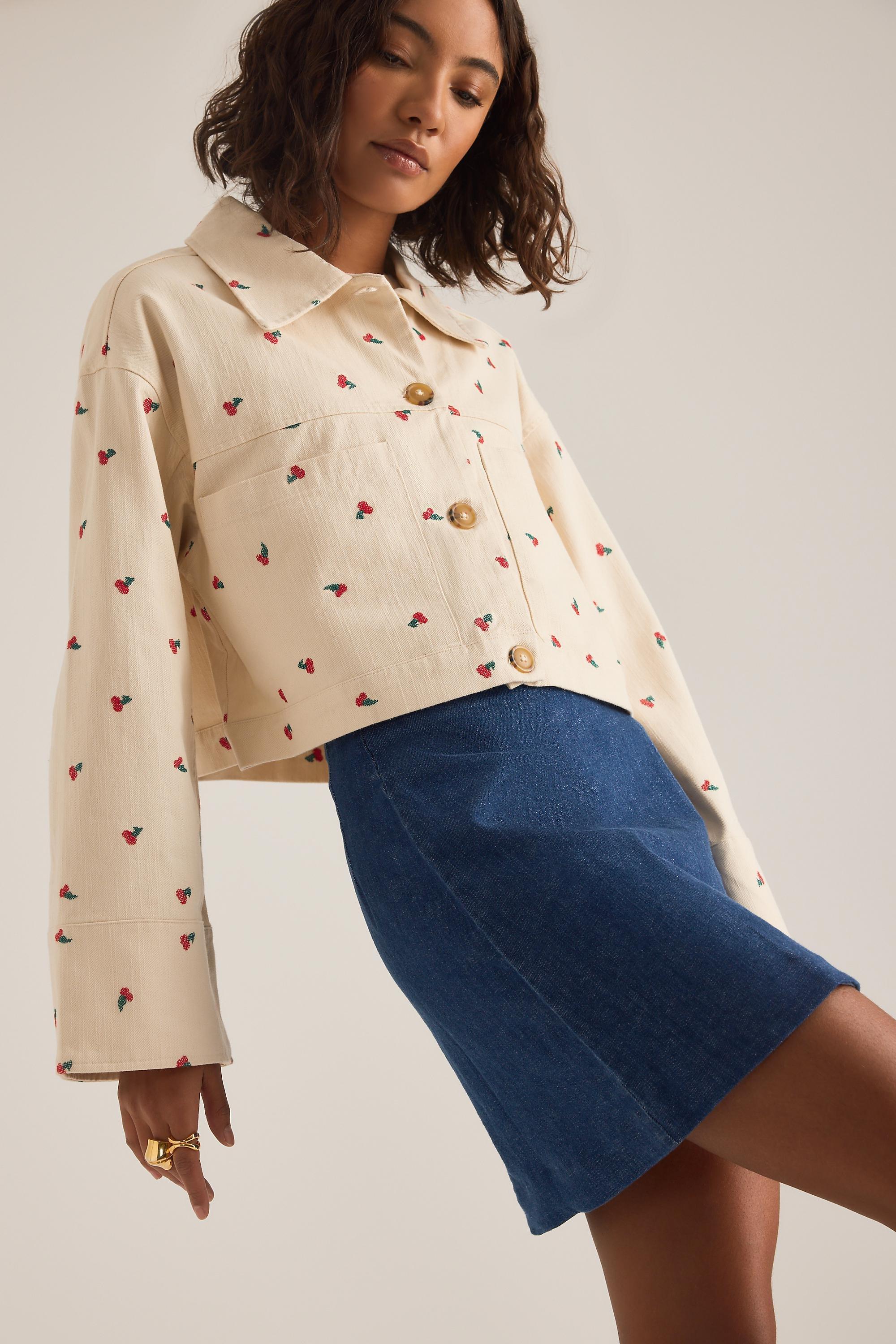 Pattern Pilcro Cotton Embroidered Icon Crop Utility Jacket, Beige, A501_0015, medium