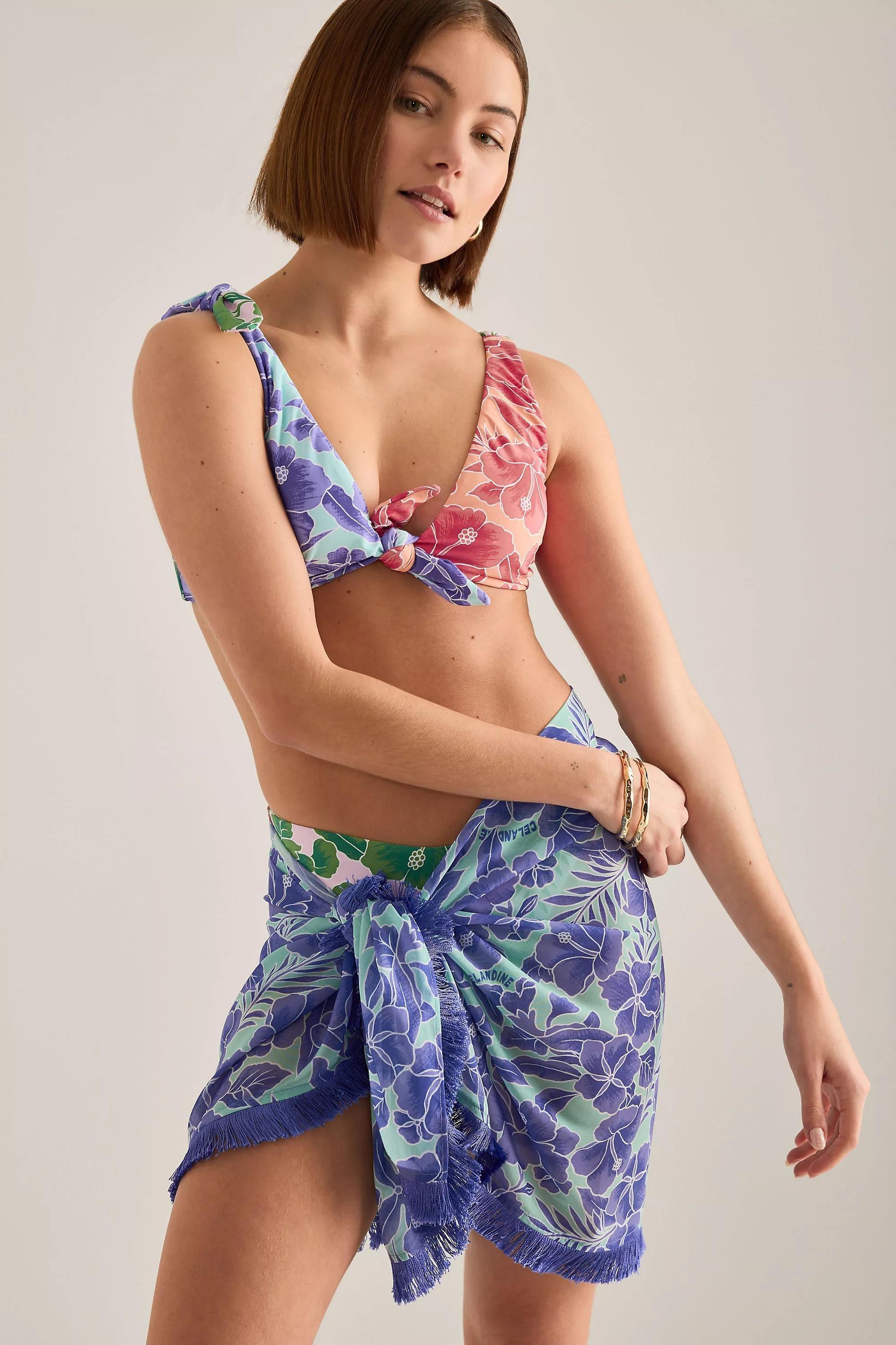 By Celandine Fringed Pattern Mini Sarong, Blue, A501_0049, medium