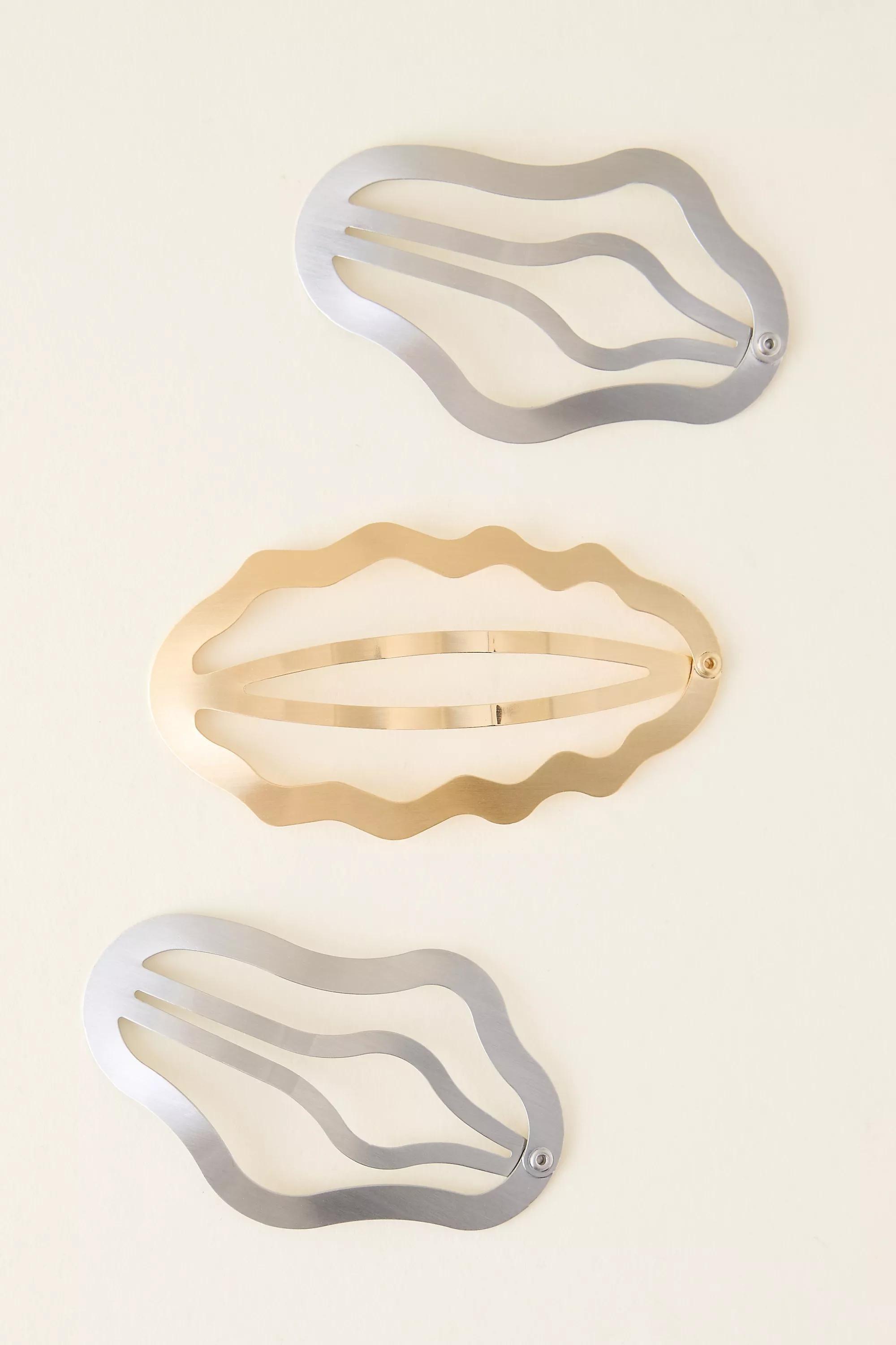 Mixed Metal Wavy Snap Clips, Set Of 3, Multicolour, A501_0000, medium