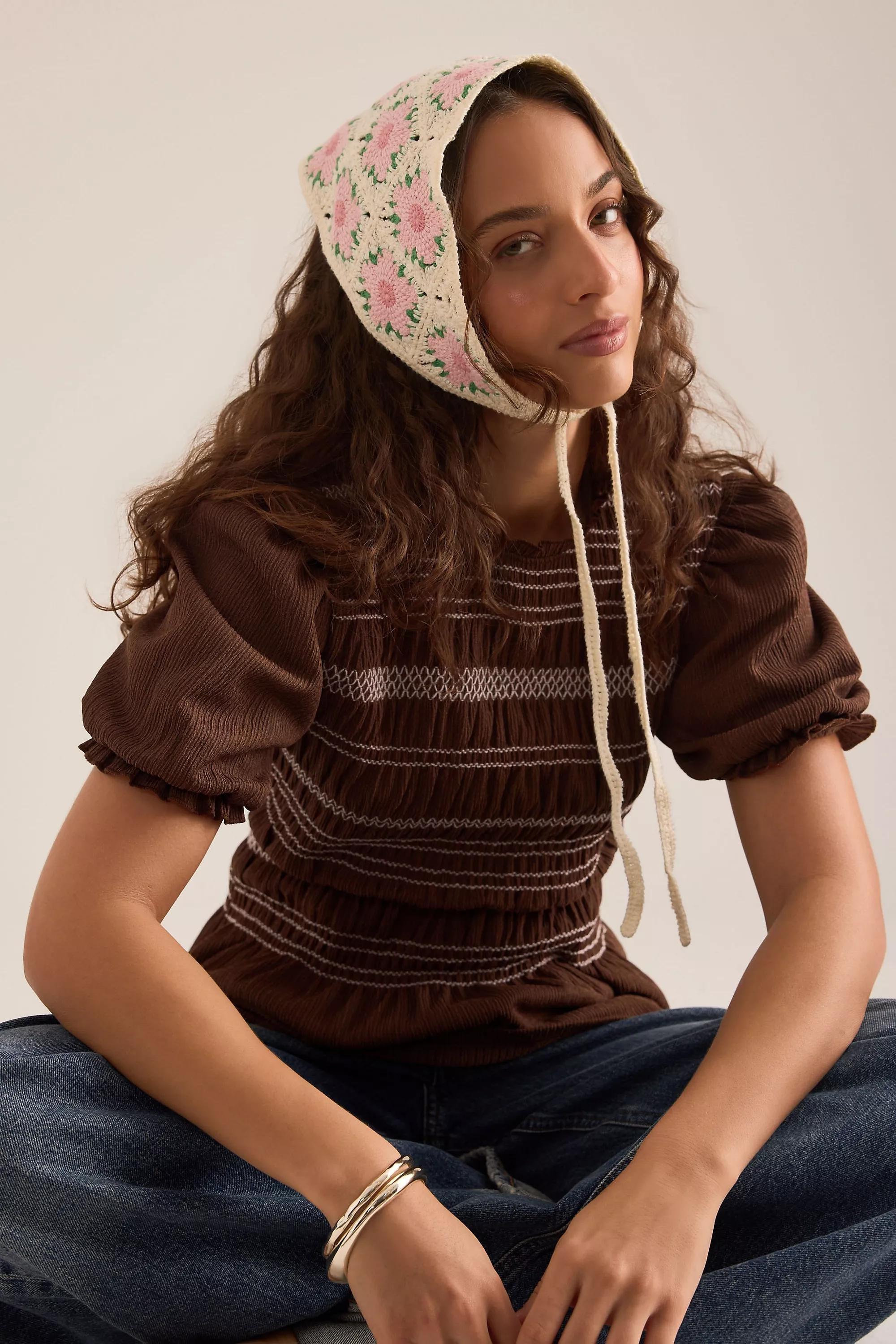 Floral Crochet Headscarf, White, A501_0011, large image number 0