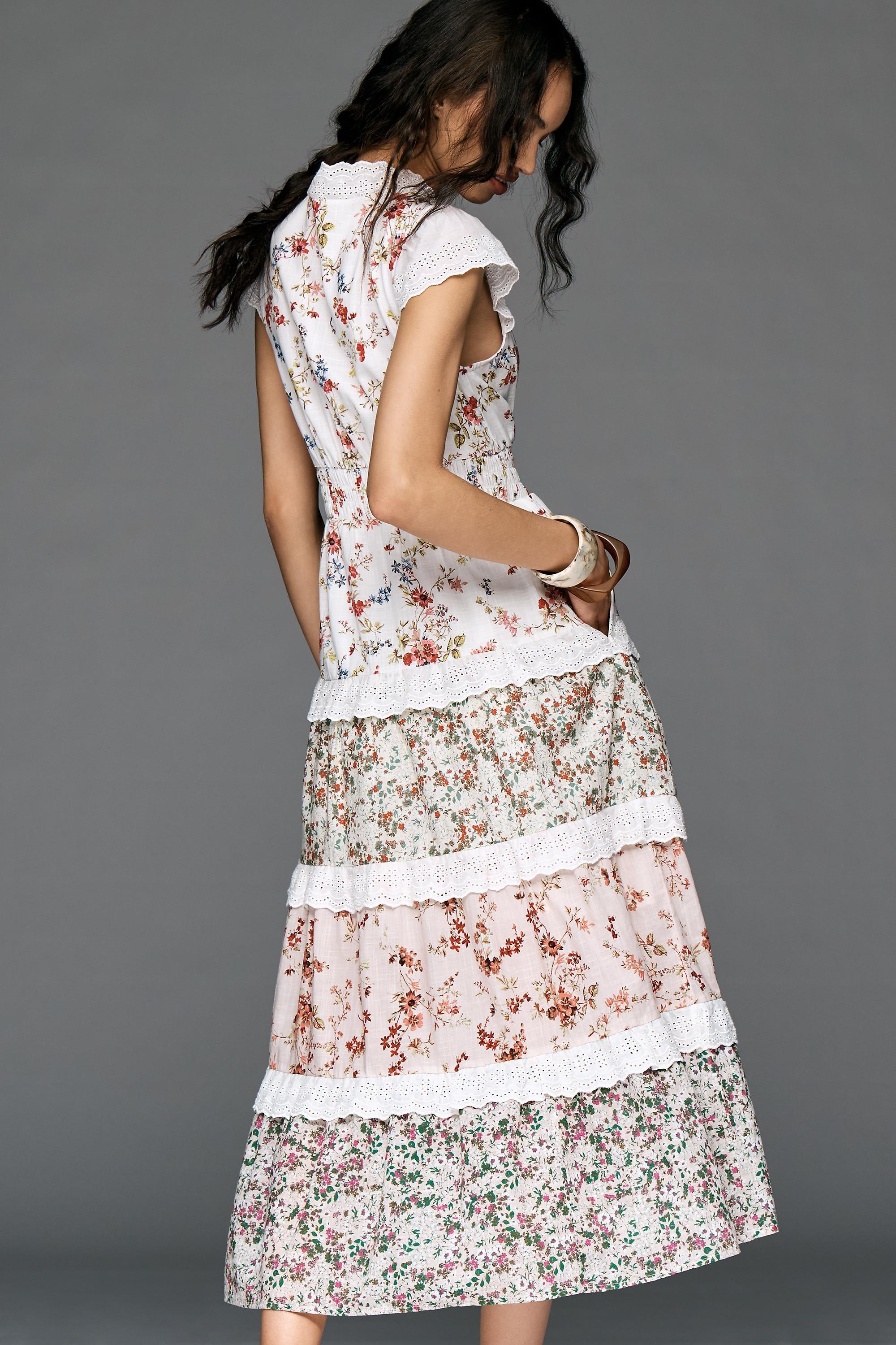 Floral The Peregrine Tiered Deco Midi Dress, White, A501_0522, large image number 3