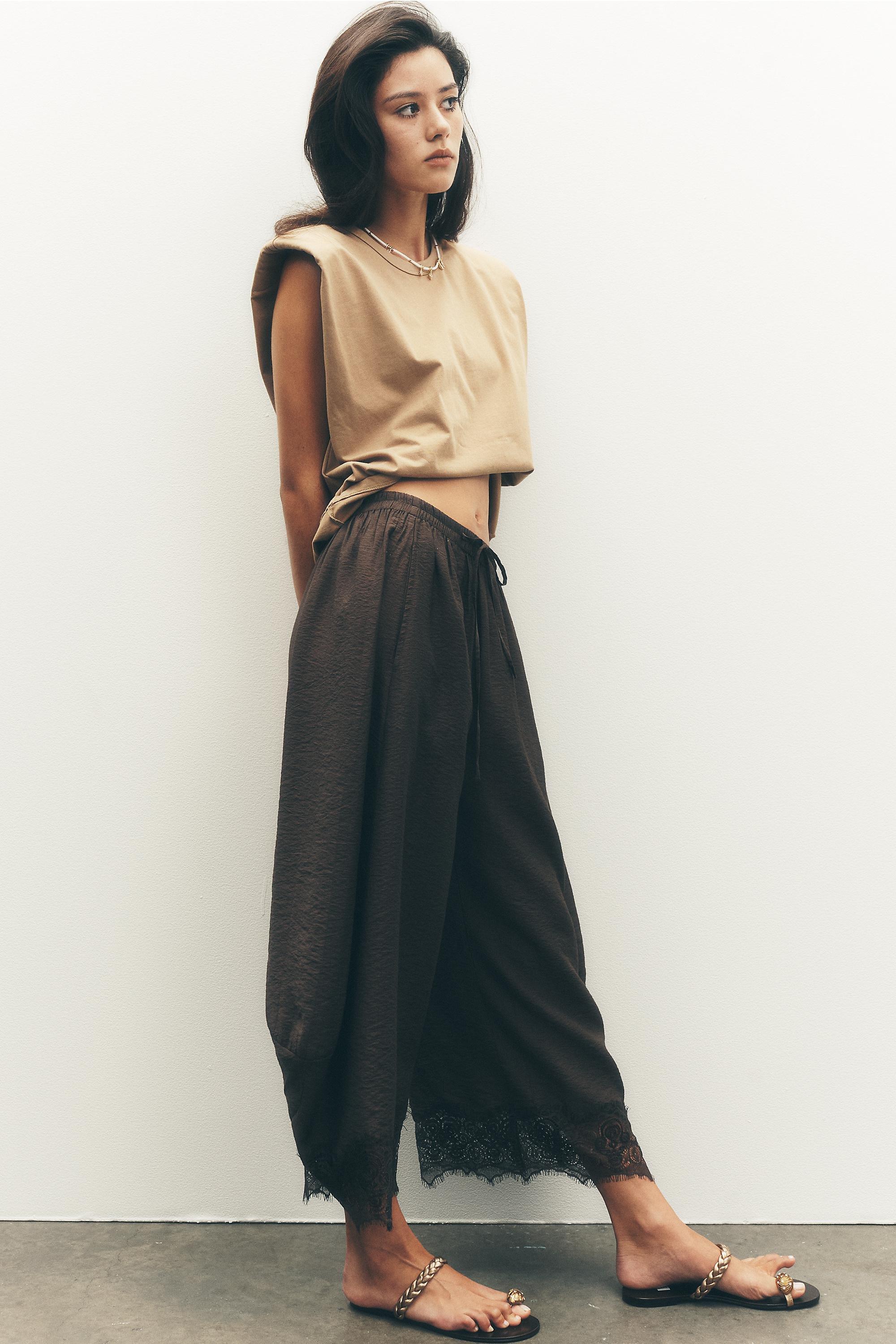 By Anthropologie Cropped Lace-Hem Trousers, Brown, Brown, large image number 0