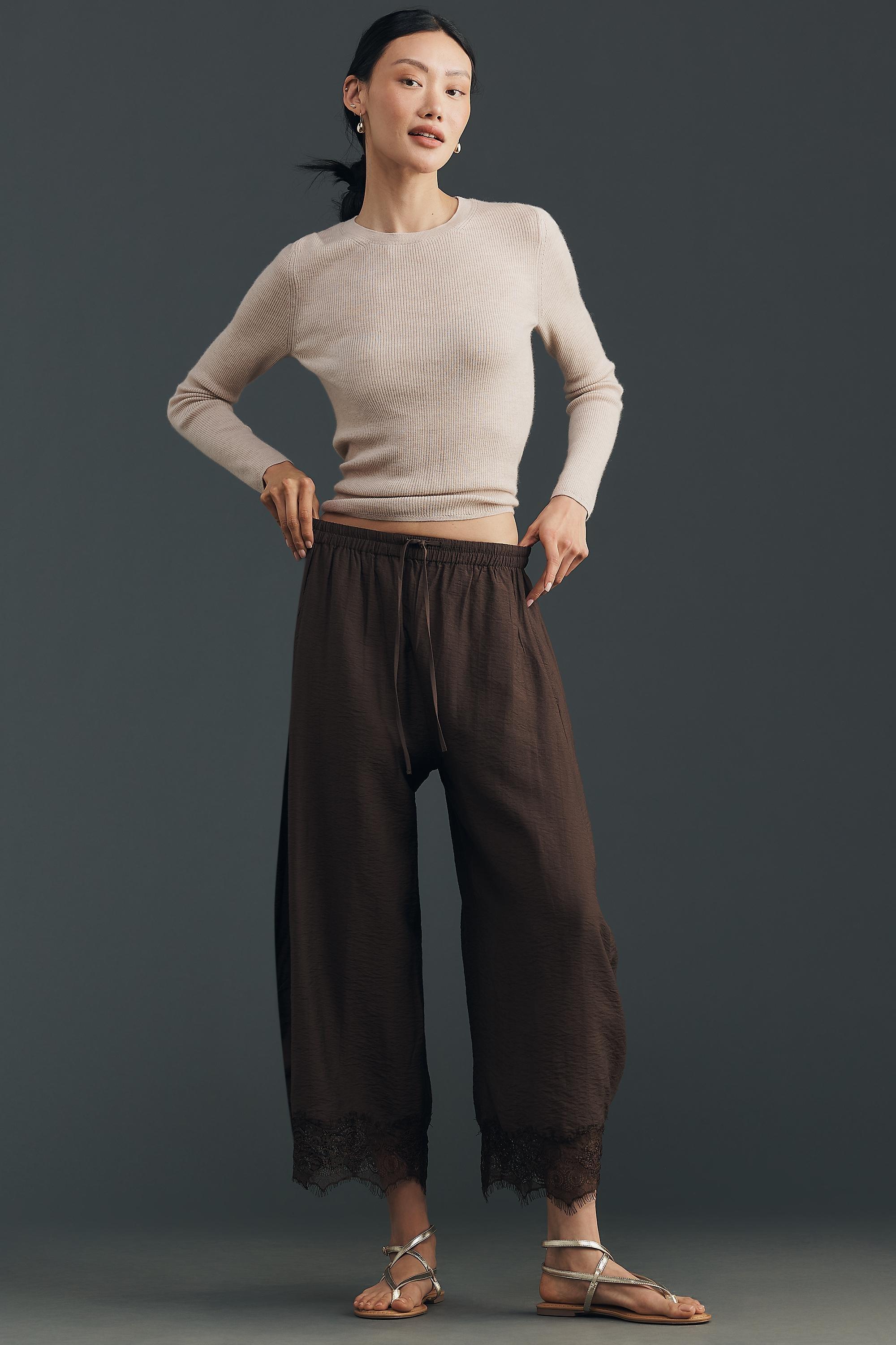 By Anthropologie Cropped Lace-Hem Trousers, Brown, Brown, large image number 1