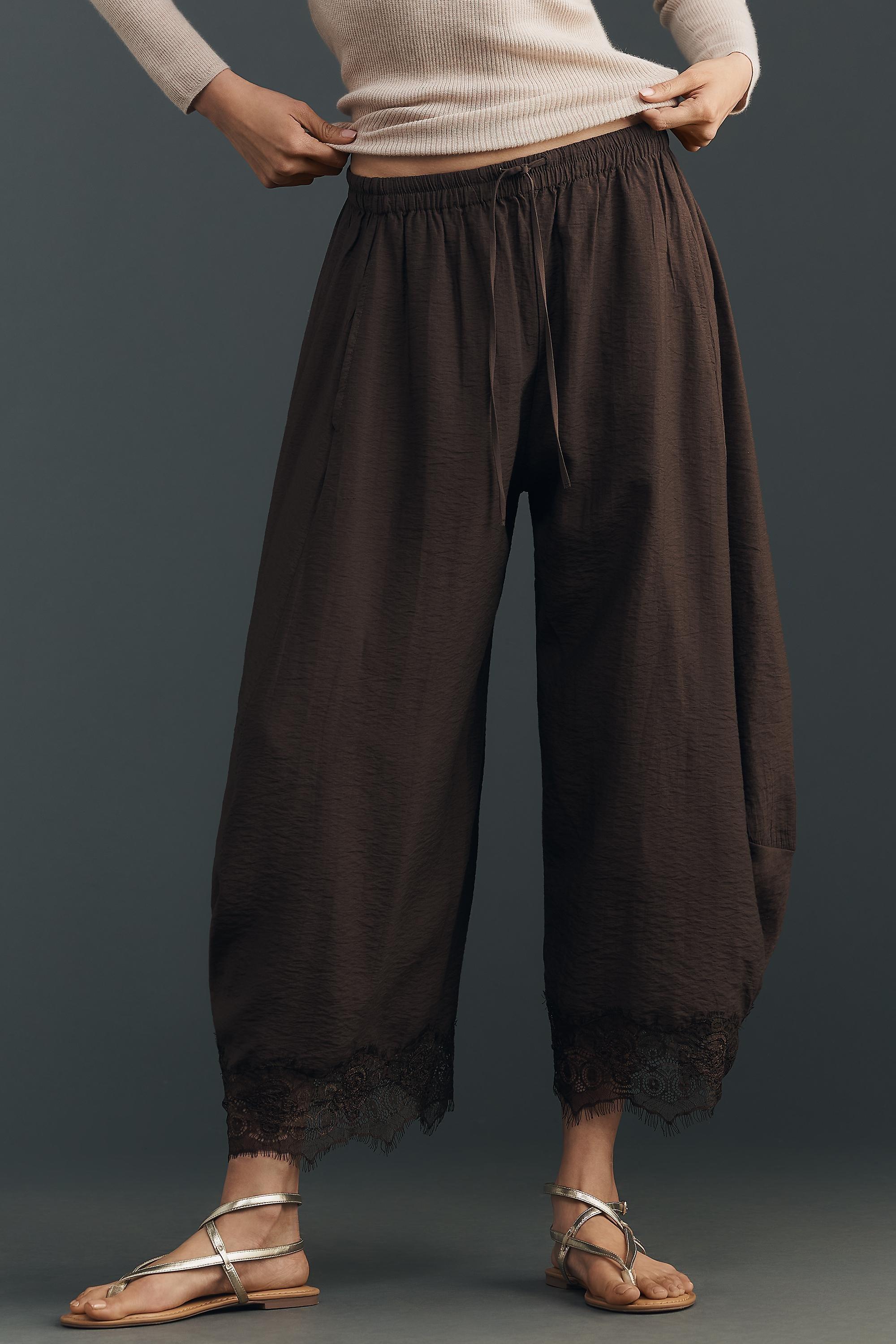 By Anthropologie Cropped Lace-Hem Trousers, Brown, Brown, large image number 2