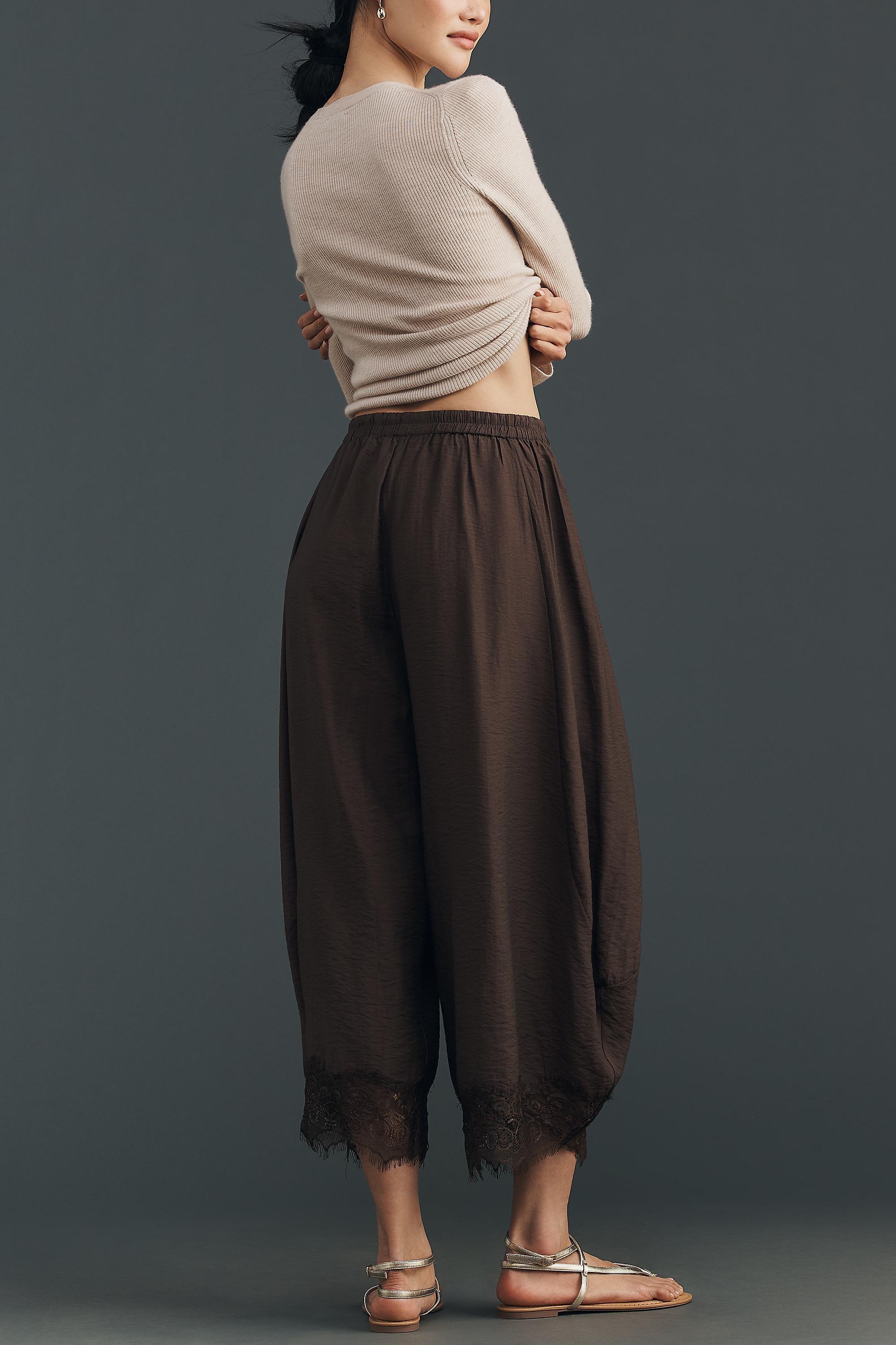 By Anthropologie Cropped Lace-Hem Trousers, Brown, Brown, large image number 3