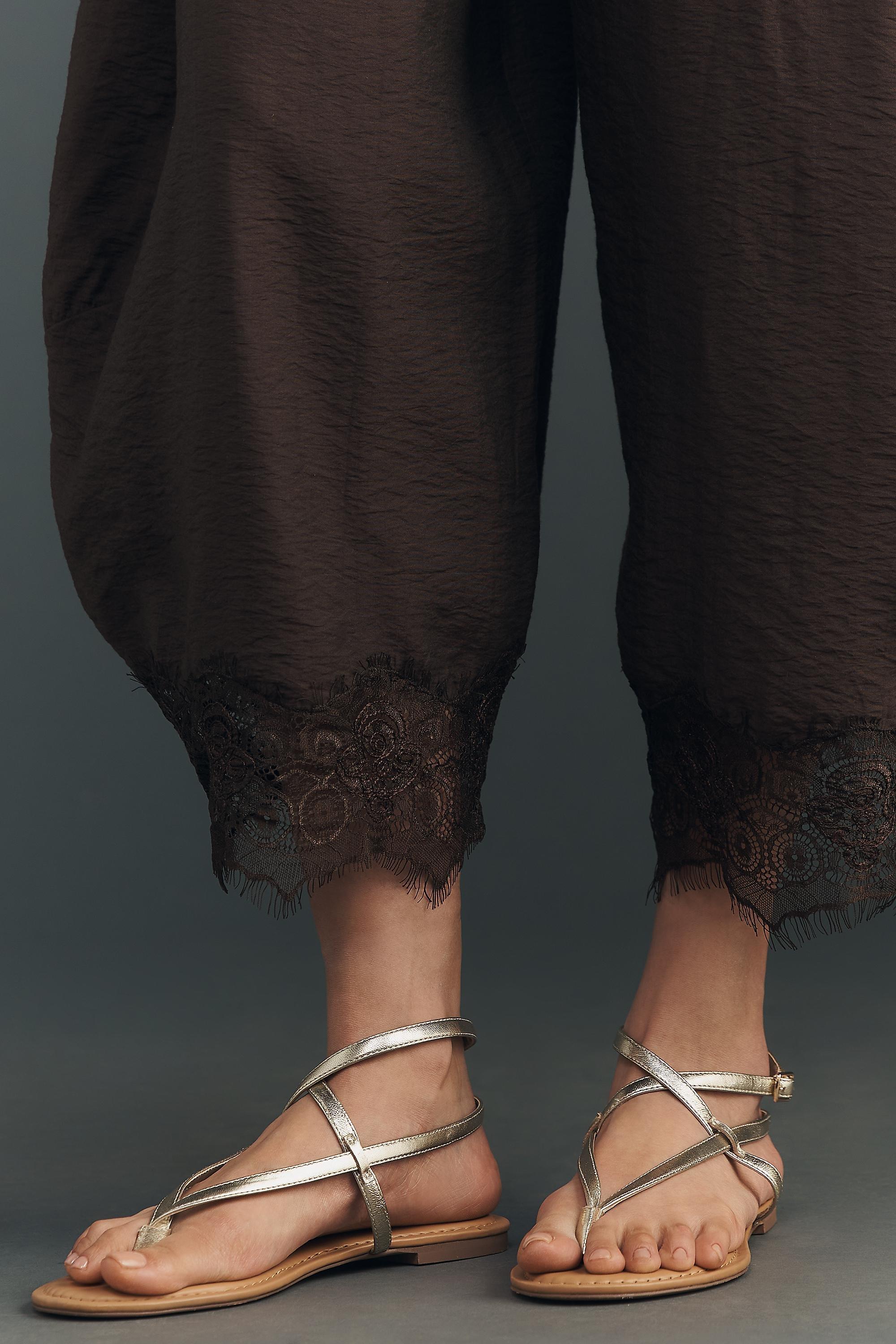 By Anthropologie Cropped Lace-Hem Trousers, Brown, Brown, large image number 4