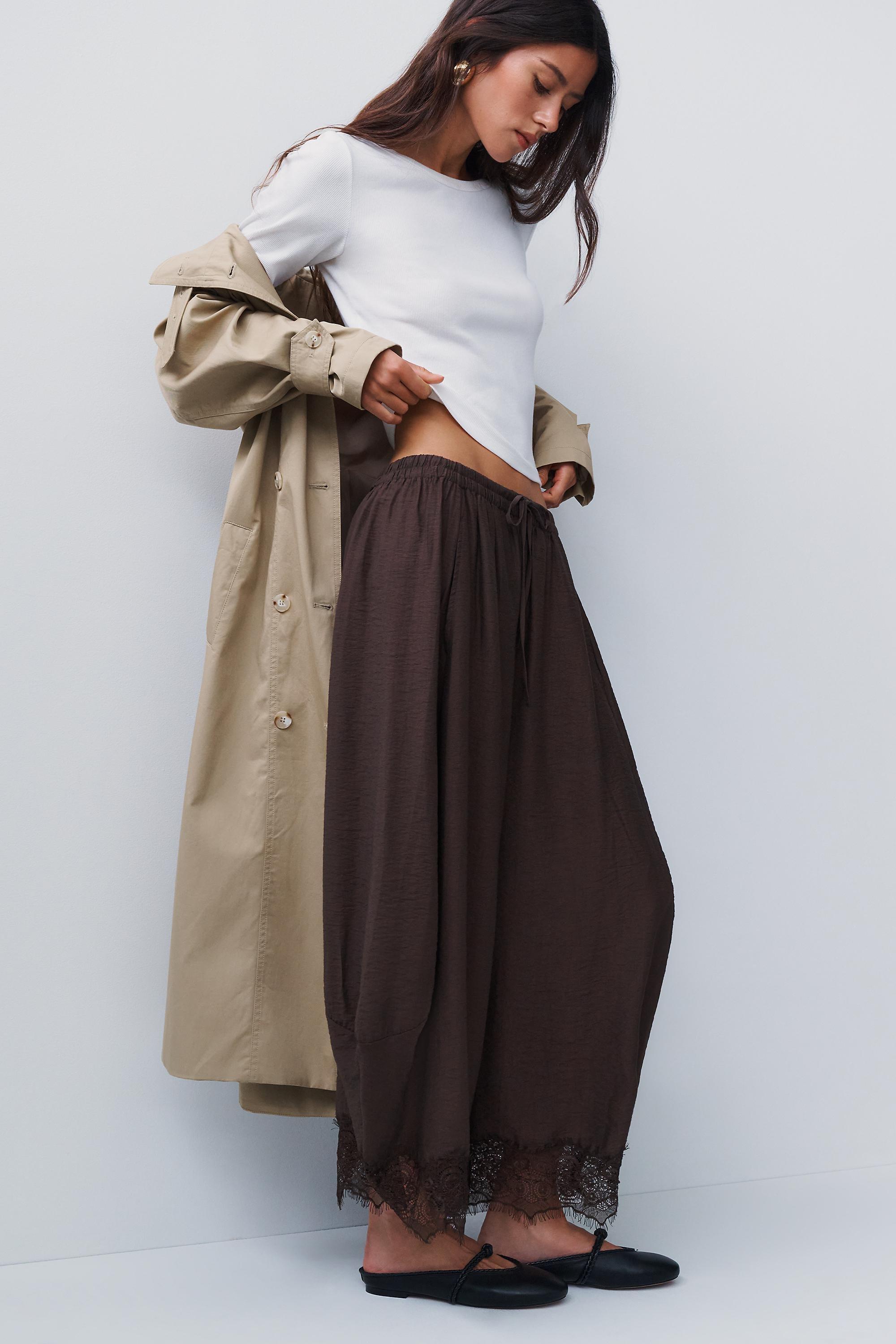 By Anthropologie Cropped Lace-Hem Trousers, Brown, Brown, large image number 5
