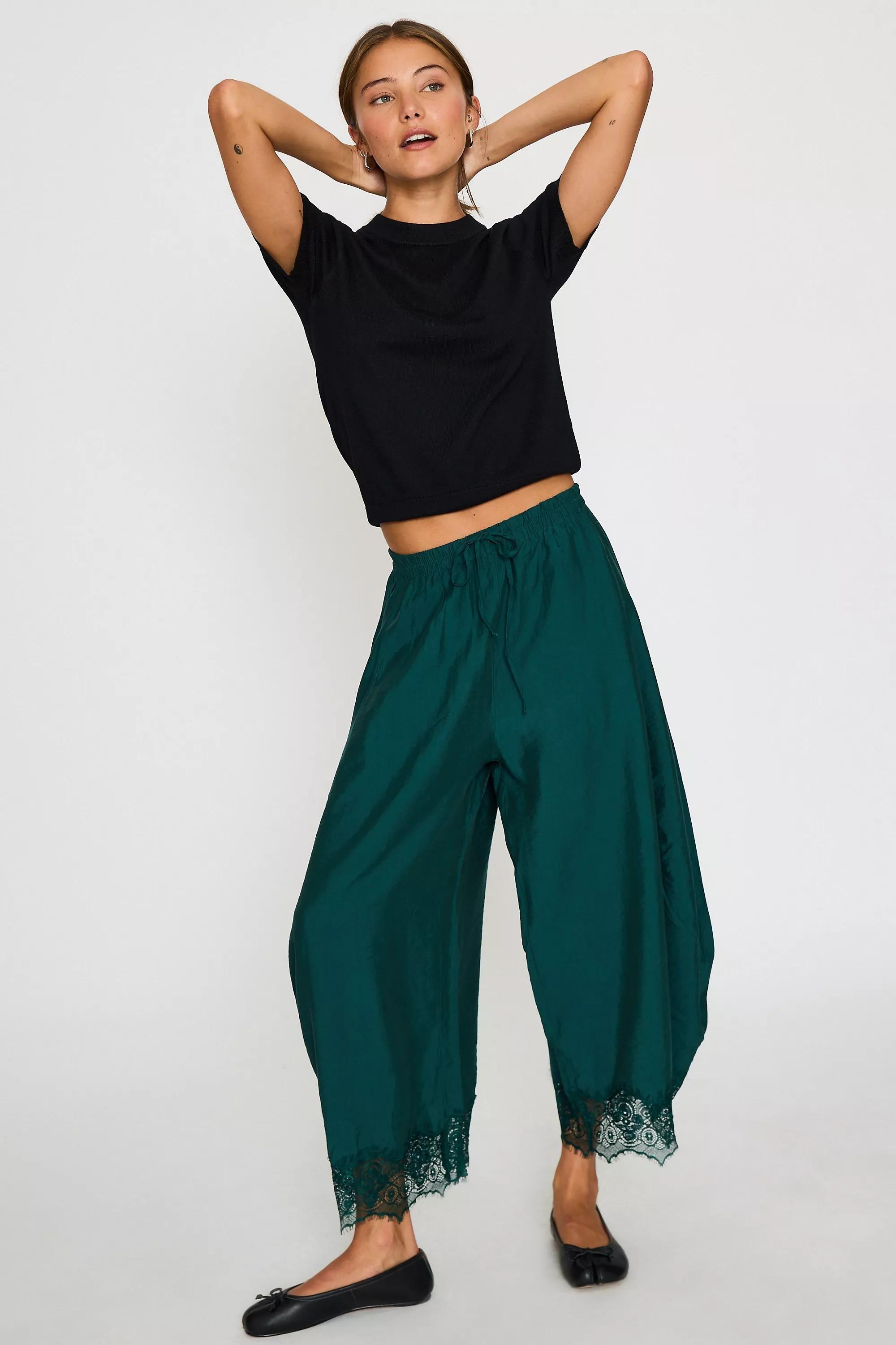 By Anthropologie Reverie Cropped Lace-Hem Trousers, Green, Green, large image number 0