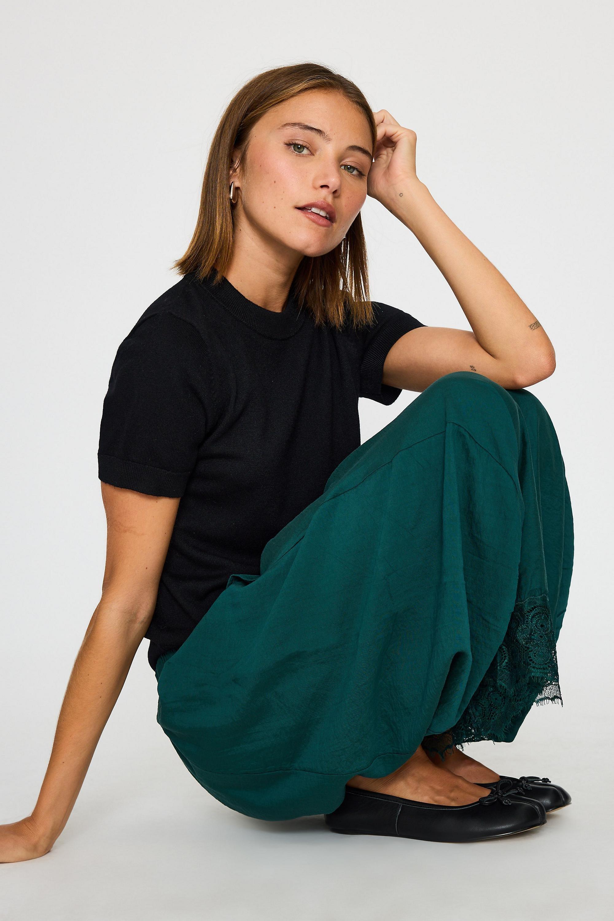 By Anthropologie Reverie Cropped Lace-Hem Trousers, Green, Green, large image number 1