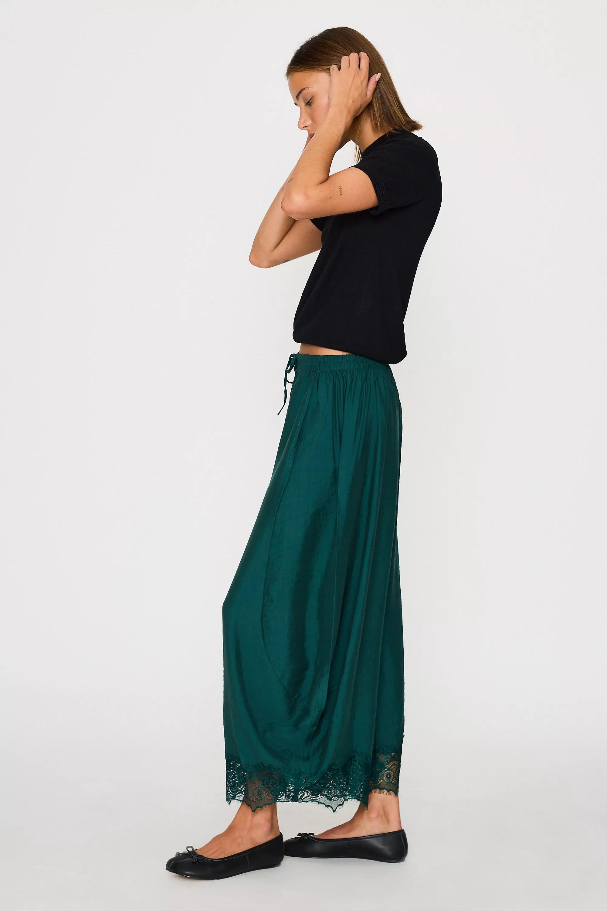 By Anthropologie Reverie Cropped Lace-Hem Trousers, Green, Green, medium
