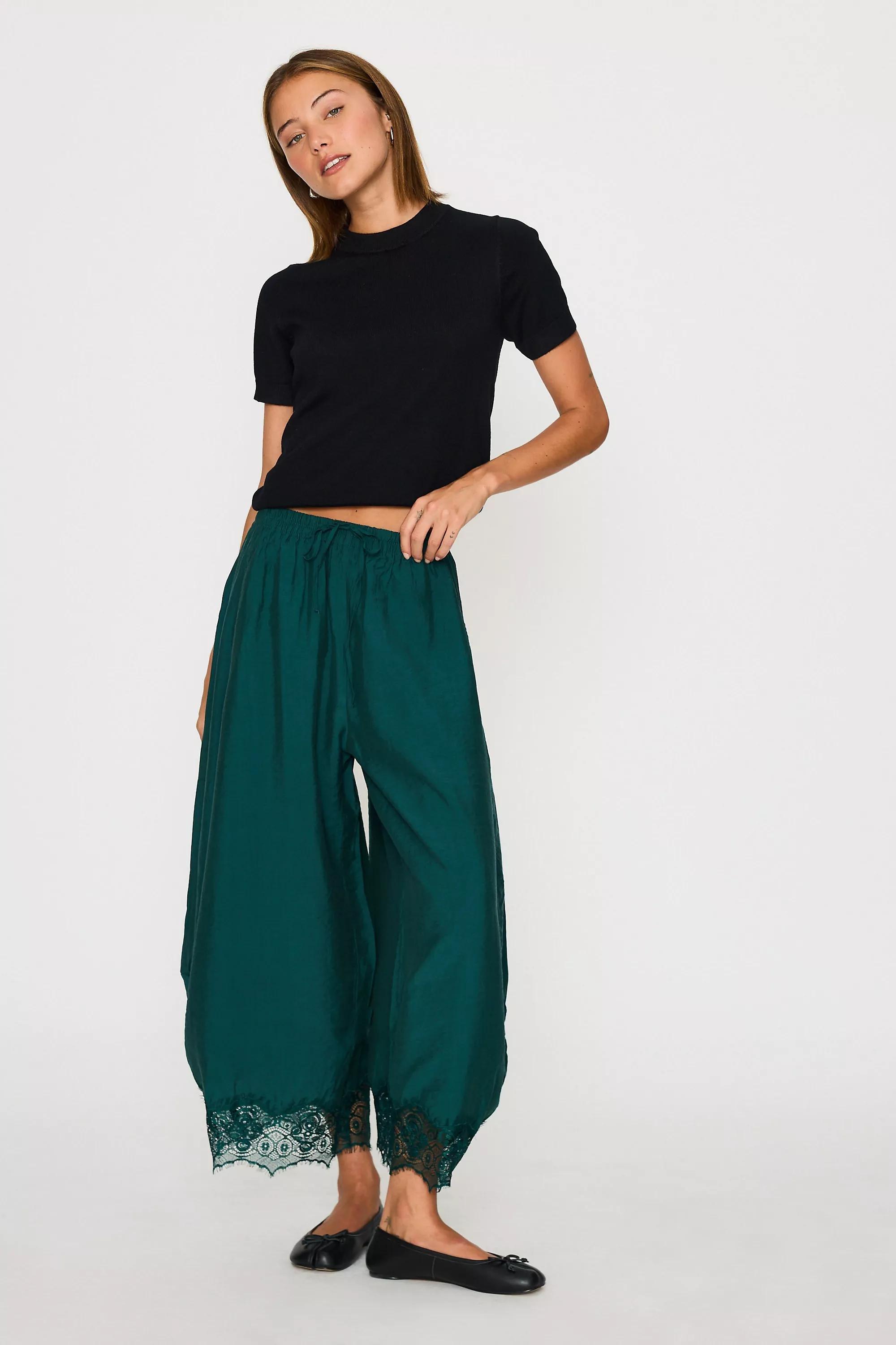 By Anthropologie Reverie Cropped Lace-Hem Trousers, Green, Green, large image number 3
