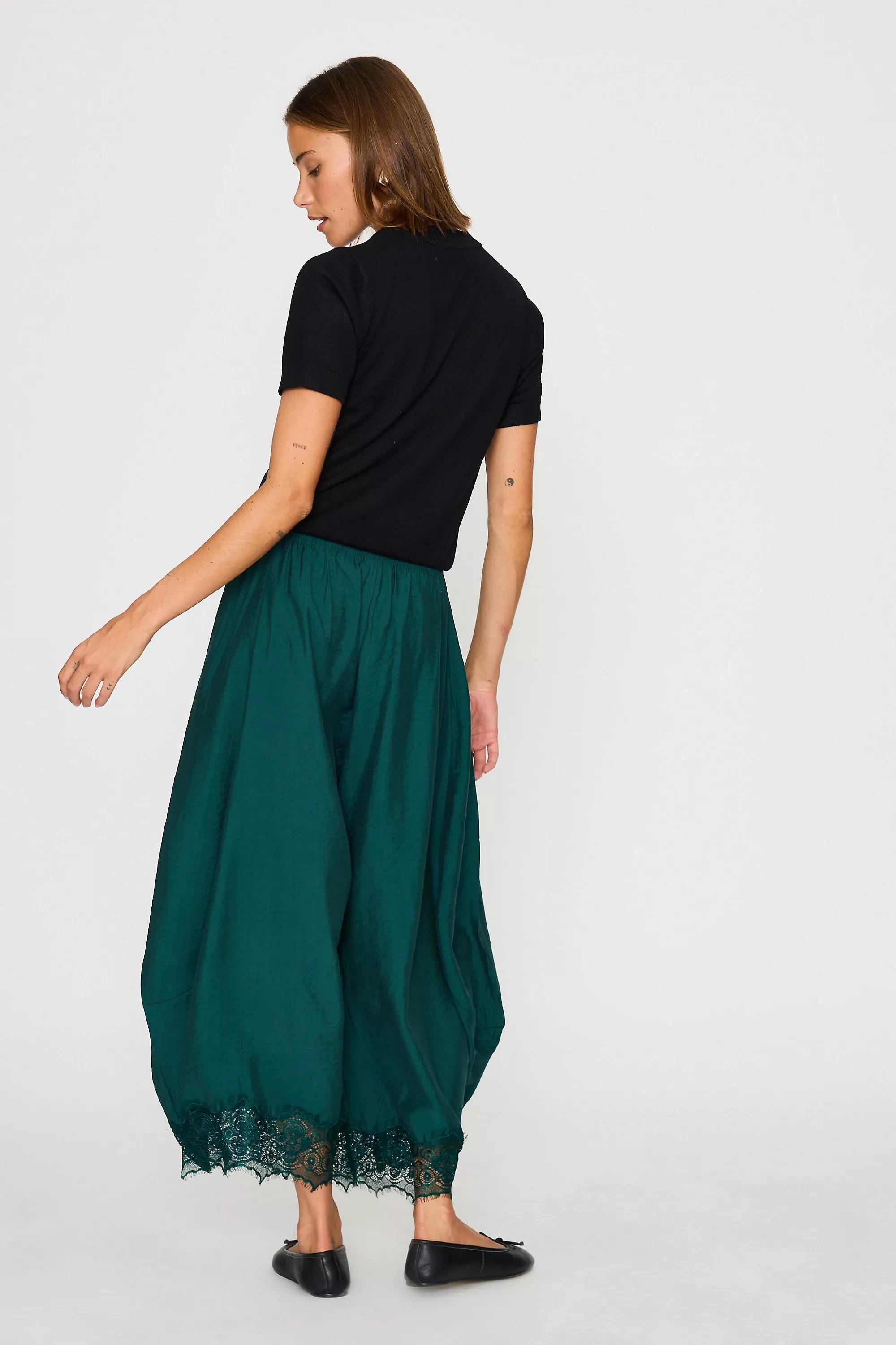 By Anthropologie Reverie Cropped Lace-Hem Trousers, Green, Green, large image number 4