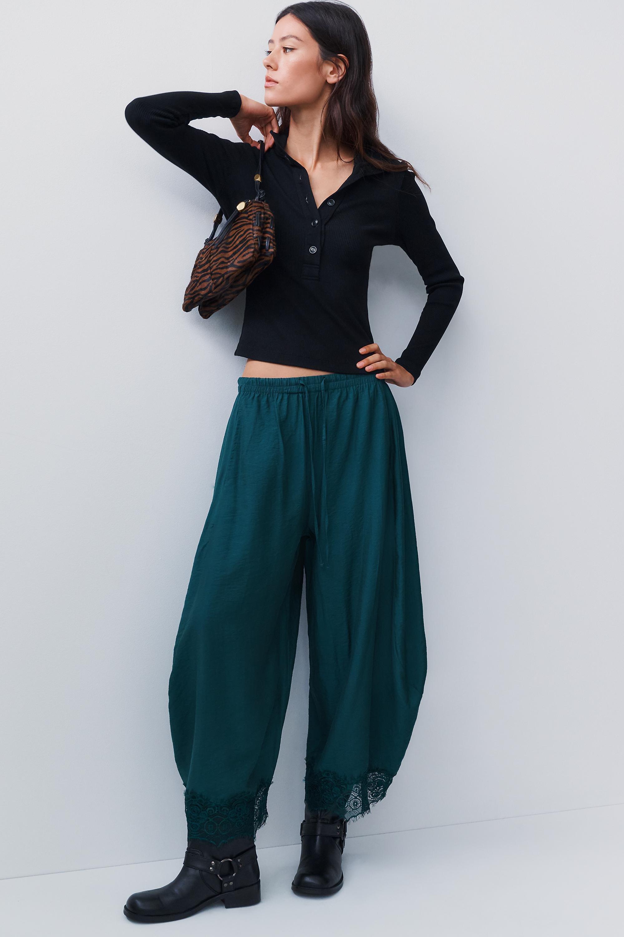 By Anthropologie Reverie Cropped Lace-Hem Trousers, Green, Green, large image number 5