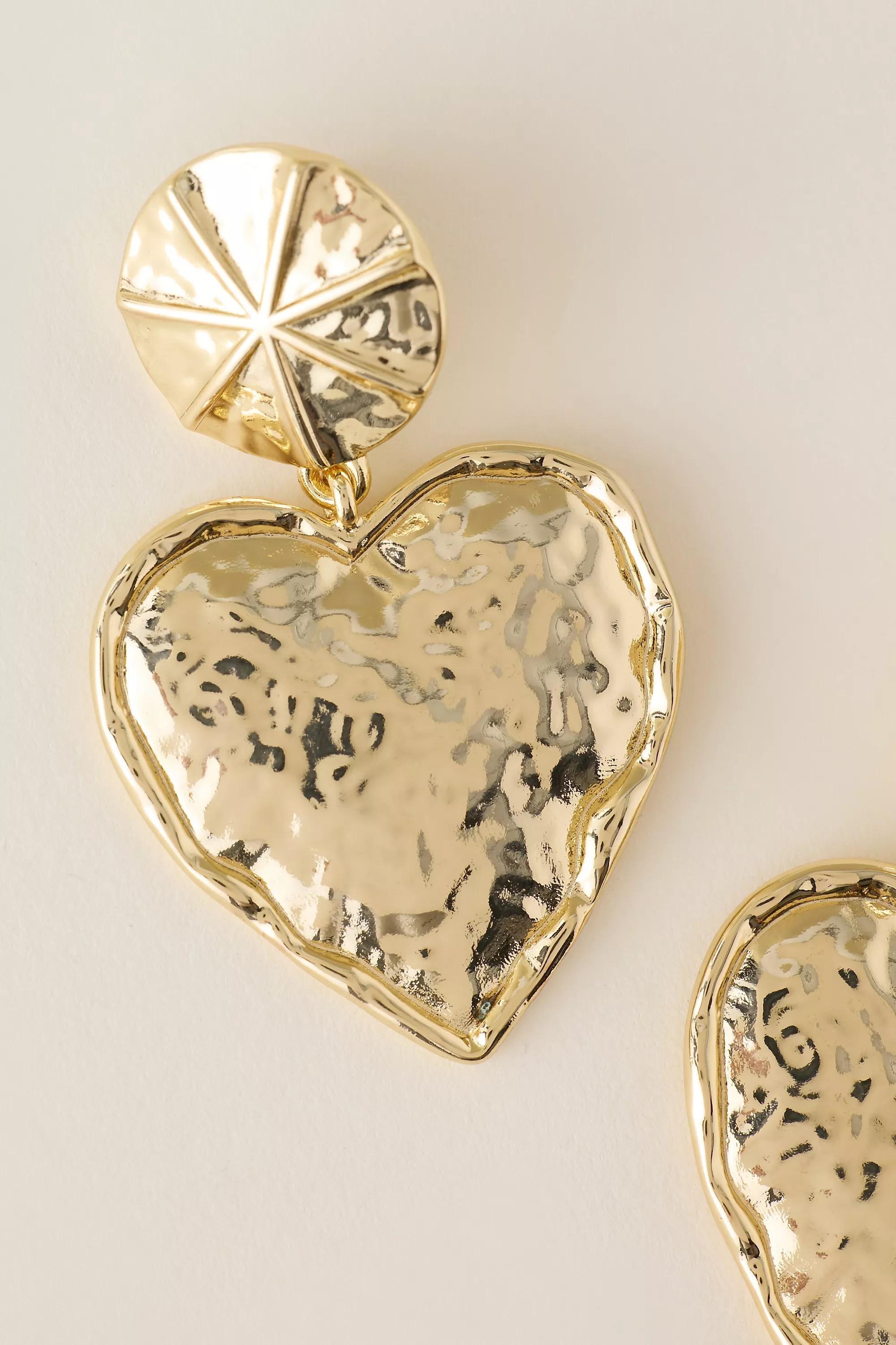 Hammered Heart Drop Earrings, Gold, Gold, medium
