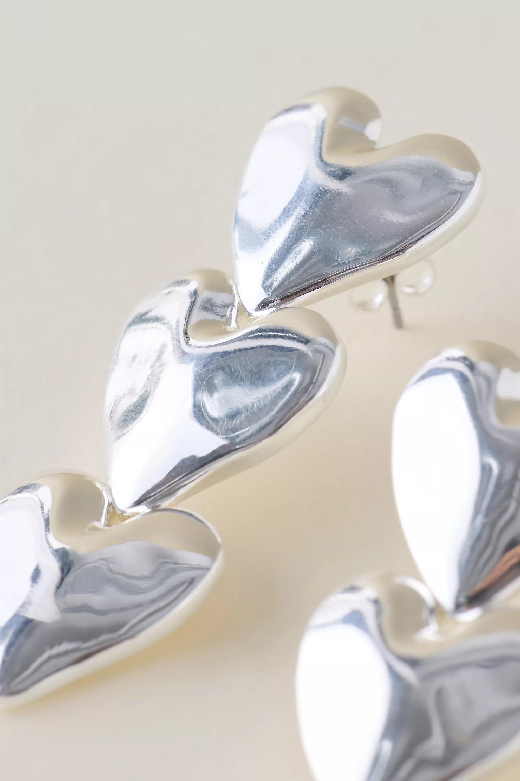 Triple Heart Drop Earrings, Silver, A501_0007, medium