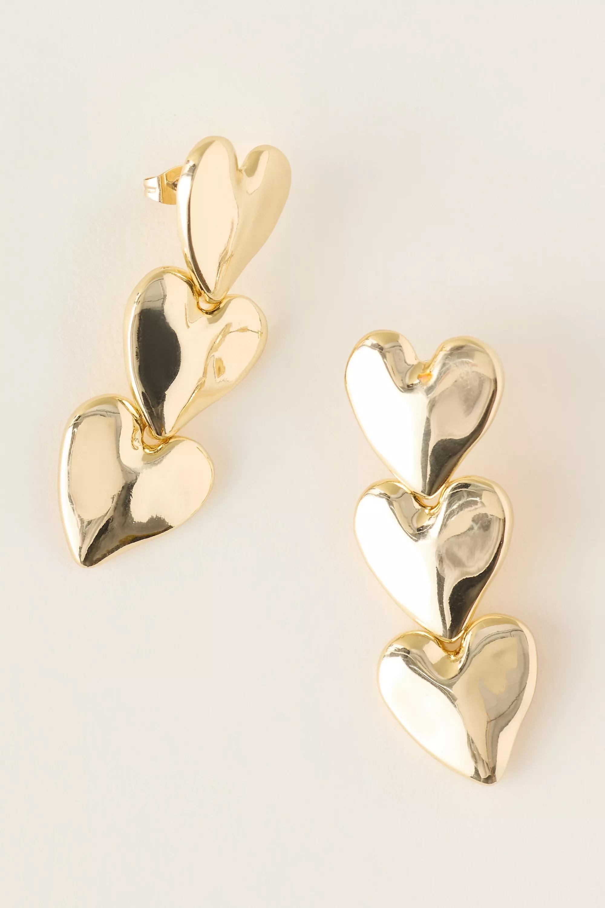Triple Heart Drop Earrings, Gold, Gold, medium