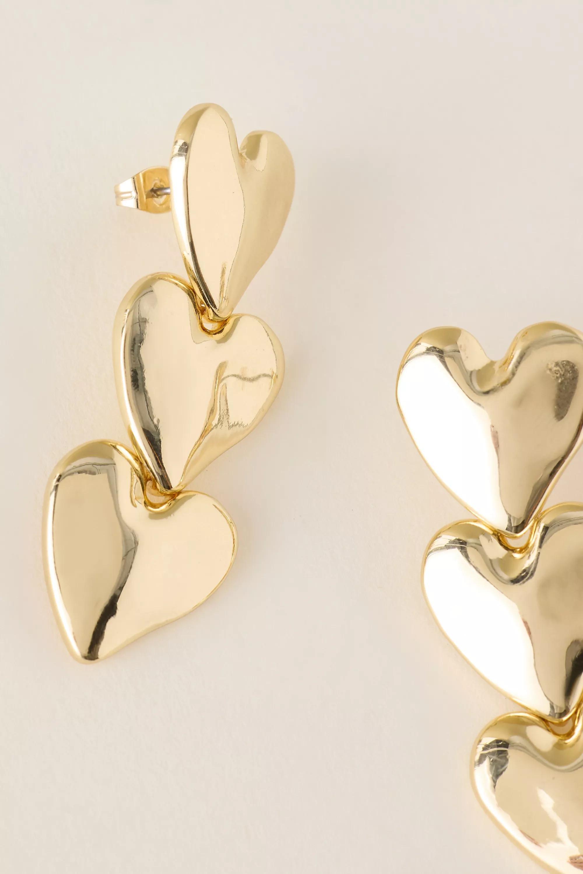 Triple Heart Drop Earrings, Gold, Gold, medium