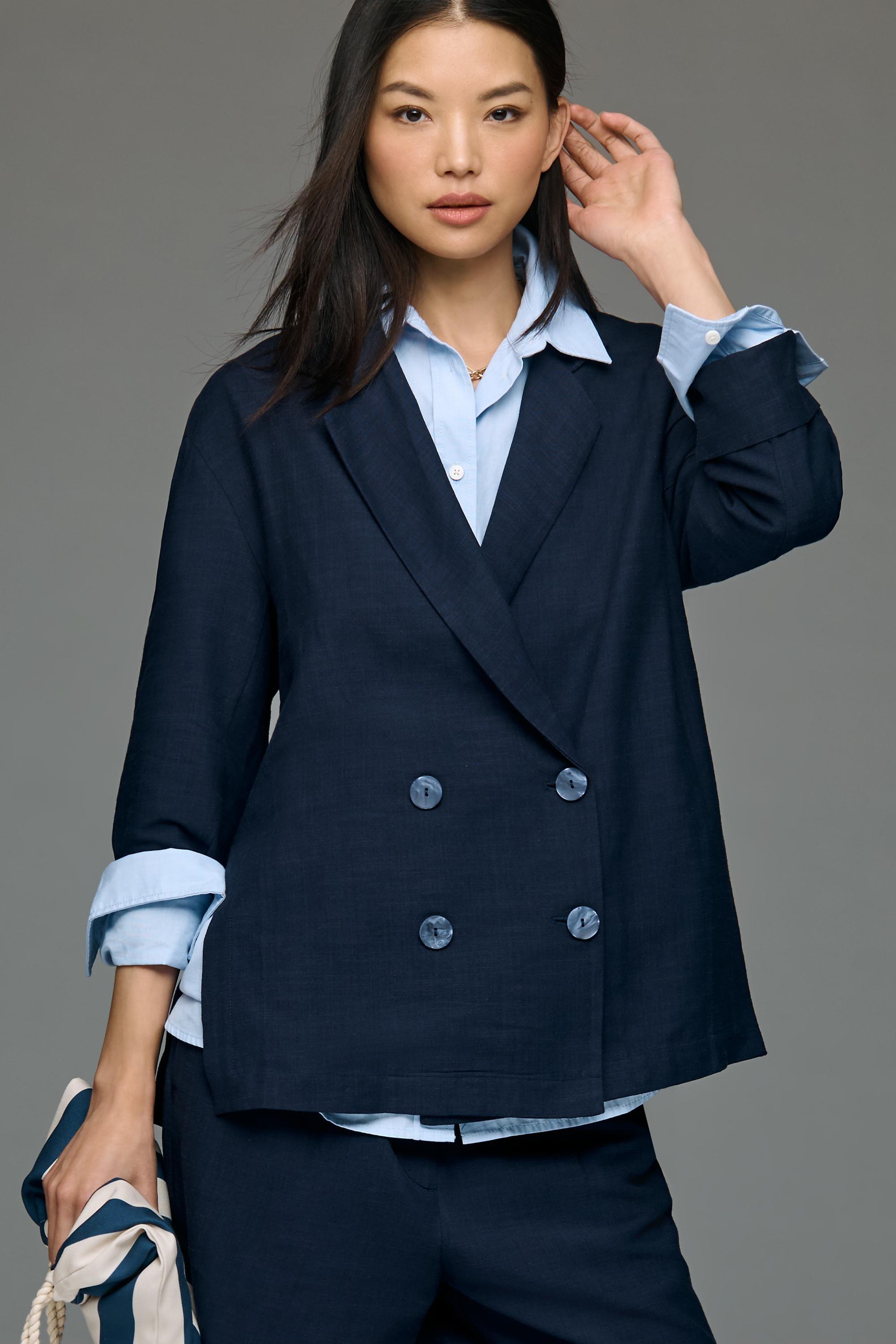 By Anthropologie Short-Sleeve Oversized Blazer, Navy, A501_0041, large image number 0