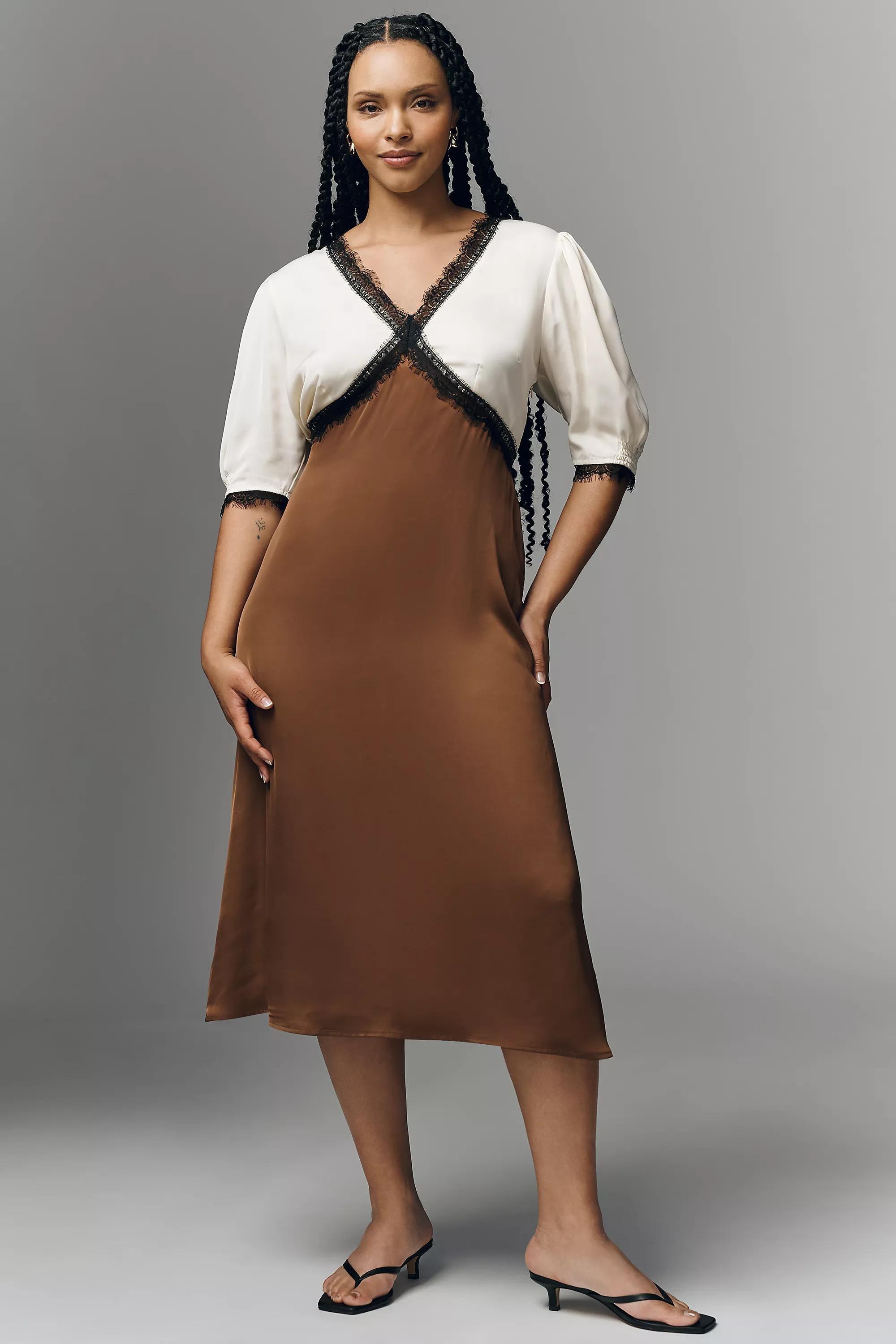 By Anthropologie V-Neck Lace Trim Midi Dress, Brown, A501_0021, large image number 0