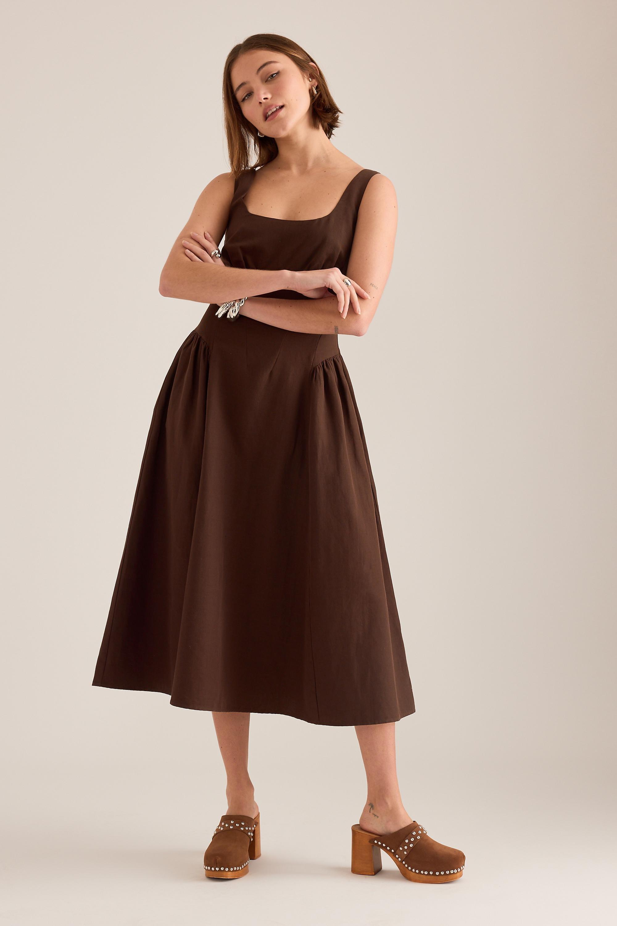 By Anthropologie Livy Cotton-Linen Hourglass Midi Dress, Brown, A501_0020, medium