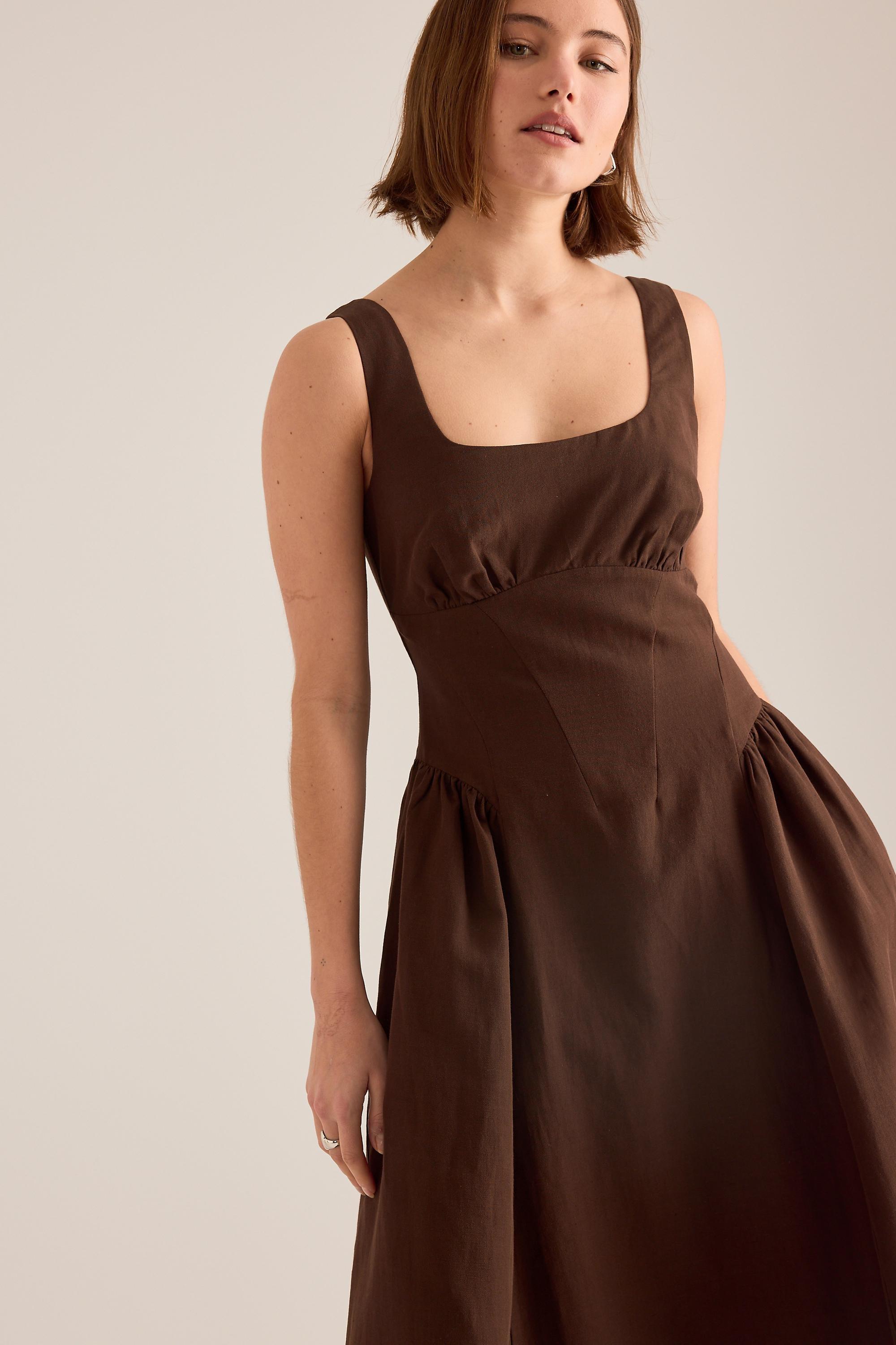 By Anthropologie Livy Cotton-Linen Hourglass Midi Dress, Brown, A501_0020, large image number 1