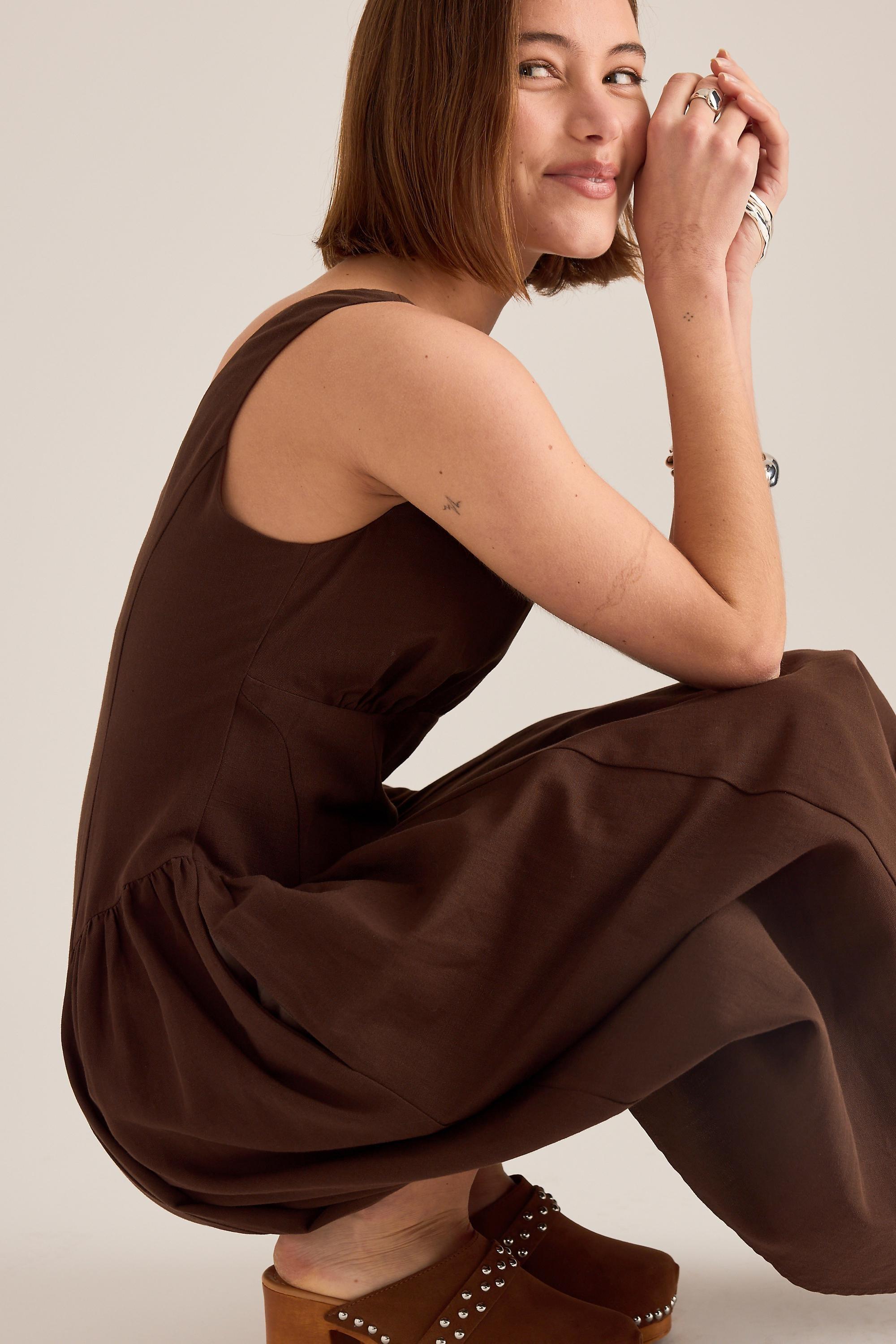 By Anthropologie Livy Cotton-Linen Hourglass Midi Dress, Brown, A501_0020, large image number 2