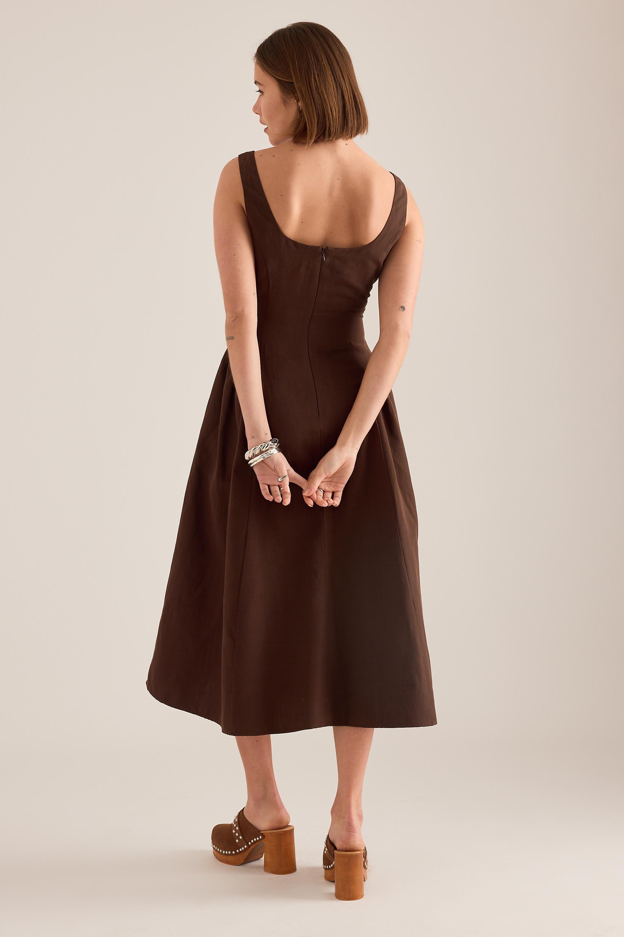 By Anthropologie Livy Cotton-Linen Hourglass Midi Dress, Brown, A501_0020, large image number 4