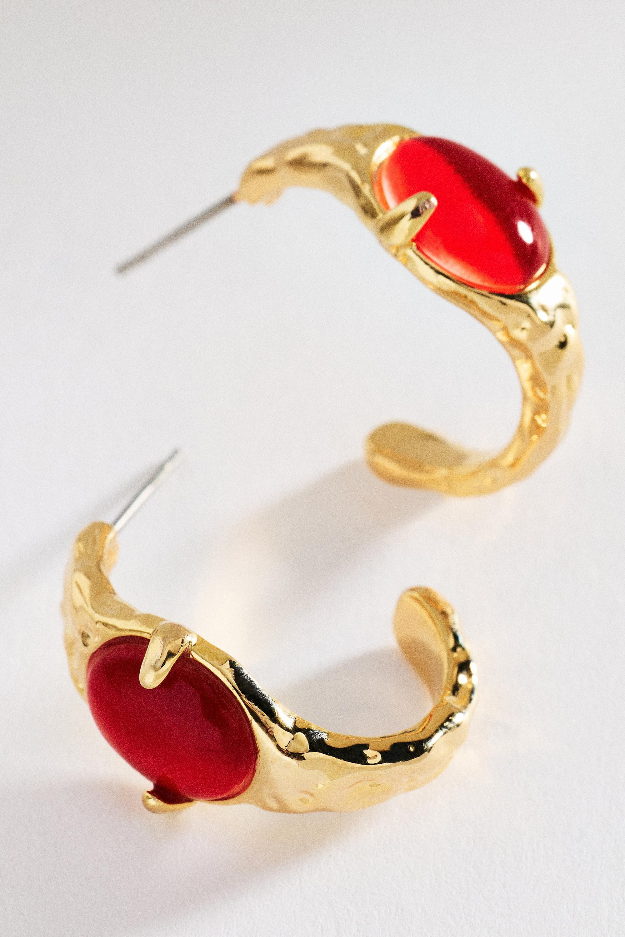 Mini Stone Hoop Earrings, Red, Red, large image number 0