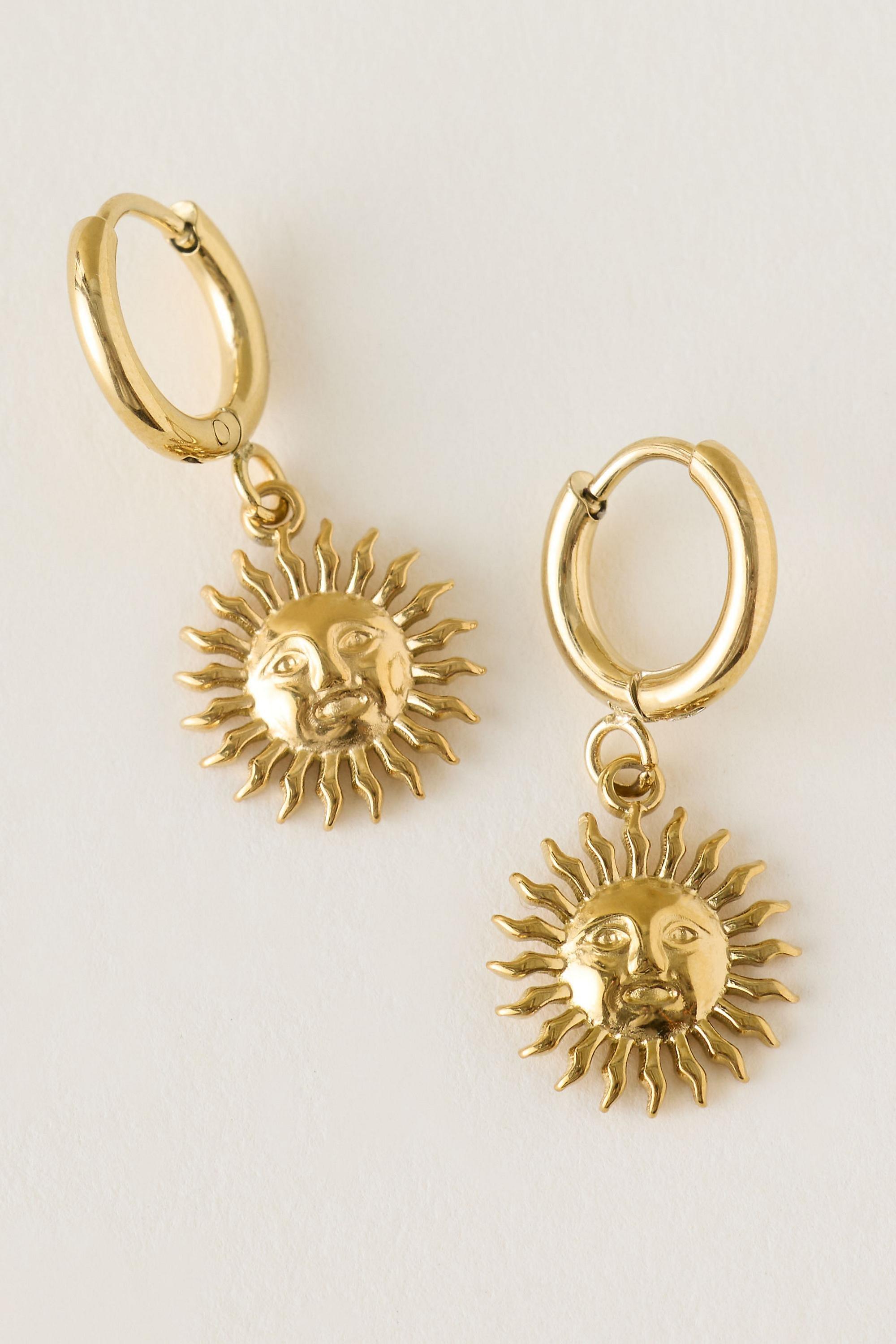 Water-Resistant Sun Huggie Hoop Earrings, Gold, A501_0070, large image number 0