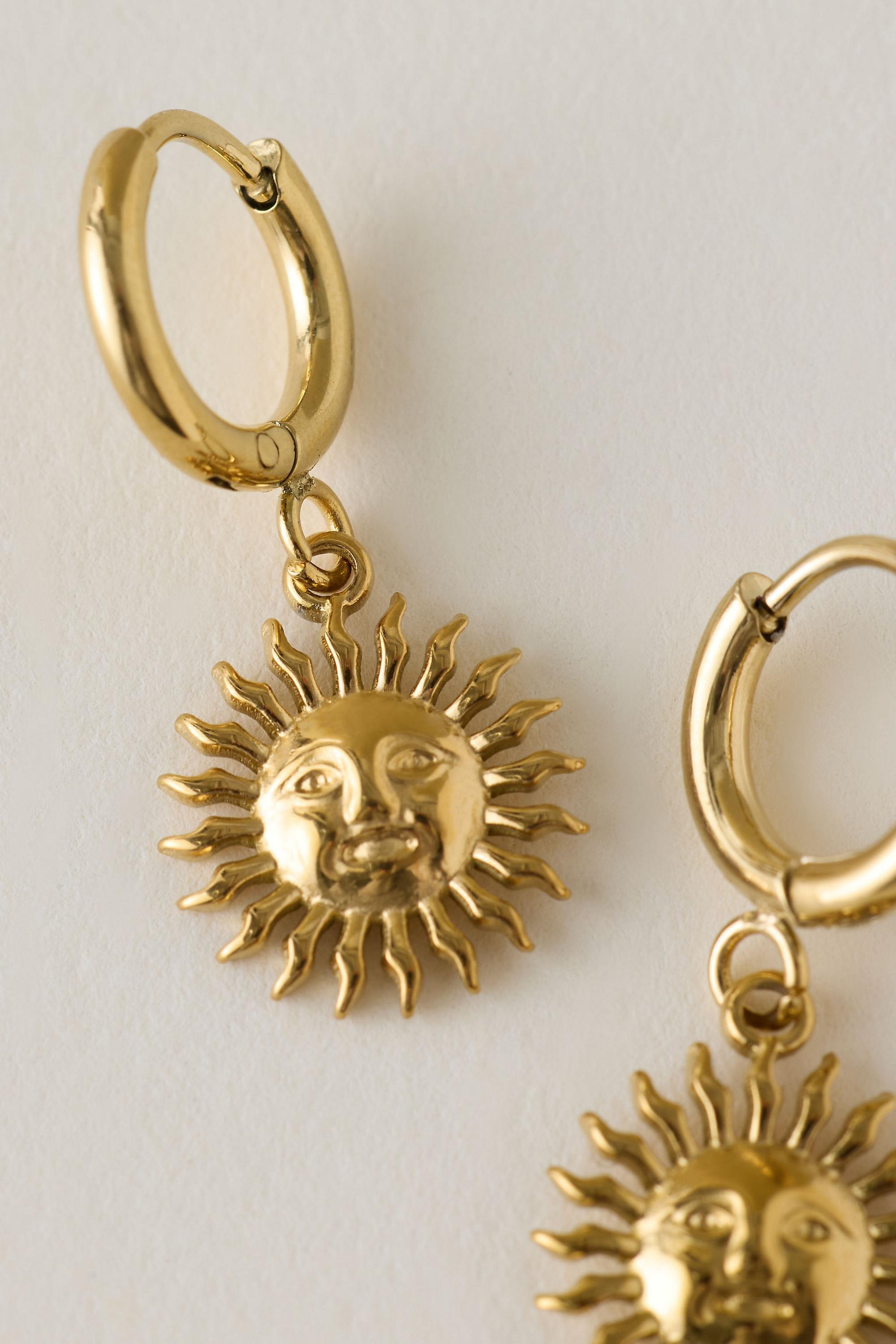 Water-Resistant Sun Huggie Hoop Earrings, Gold, A501_0070, large image number 1