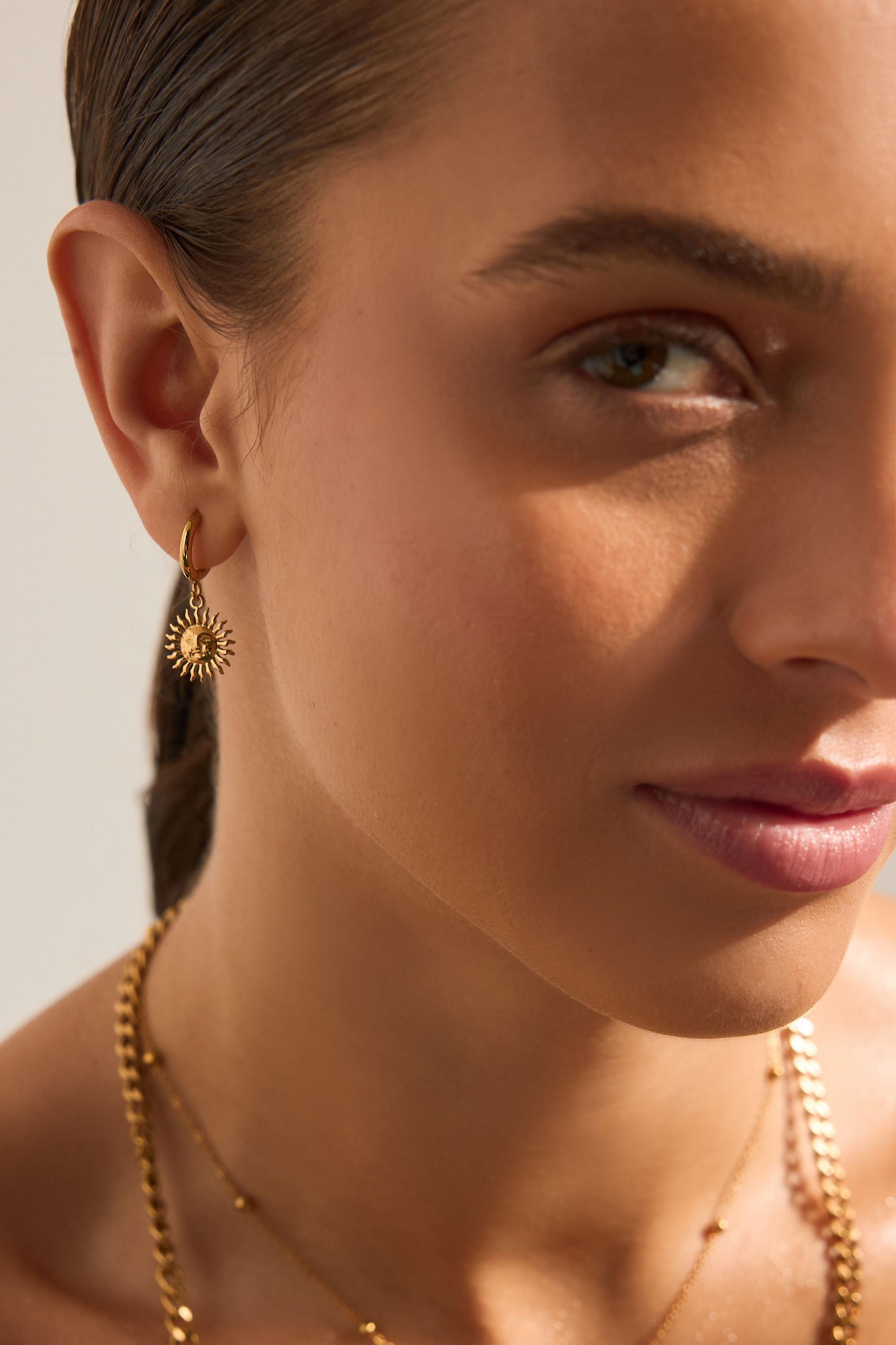 Water-Resistant Sun Huggie Hoop Earrings, Gold, A501_0070, large image number 3