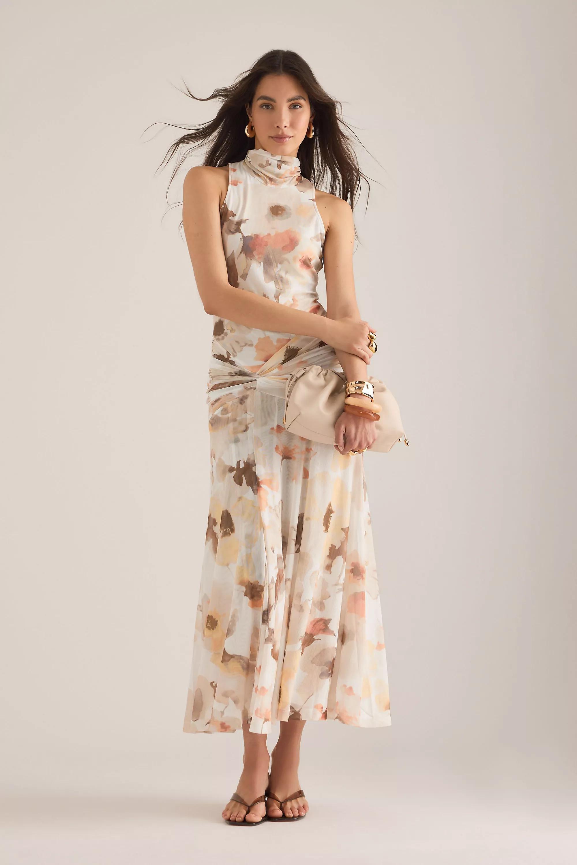 Floral Bardot Leanna High-Neck Mesh Midi Dress, Beige, A501_0523, large image number 0