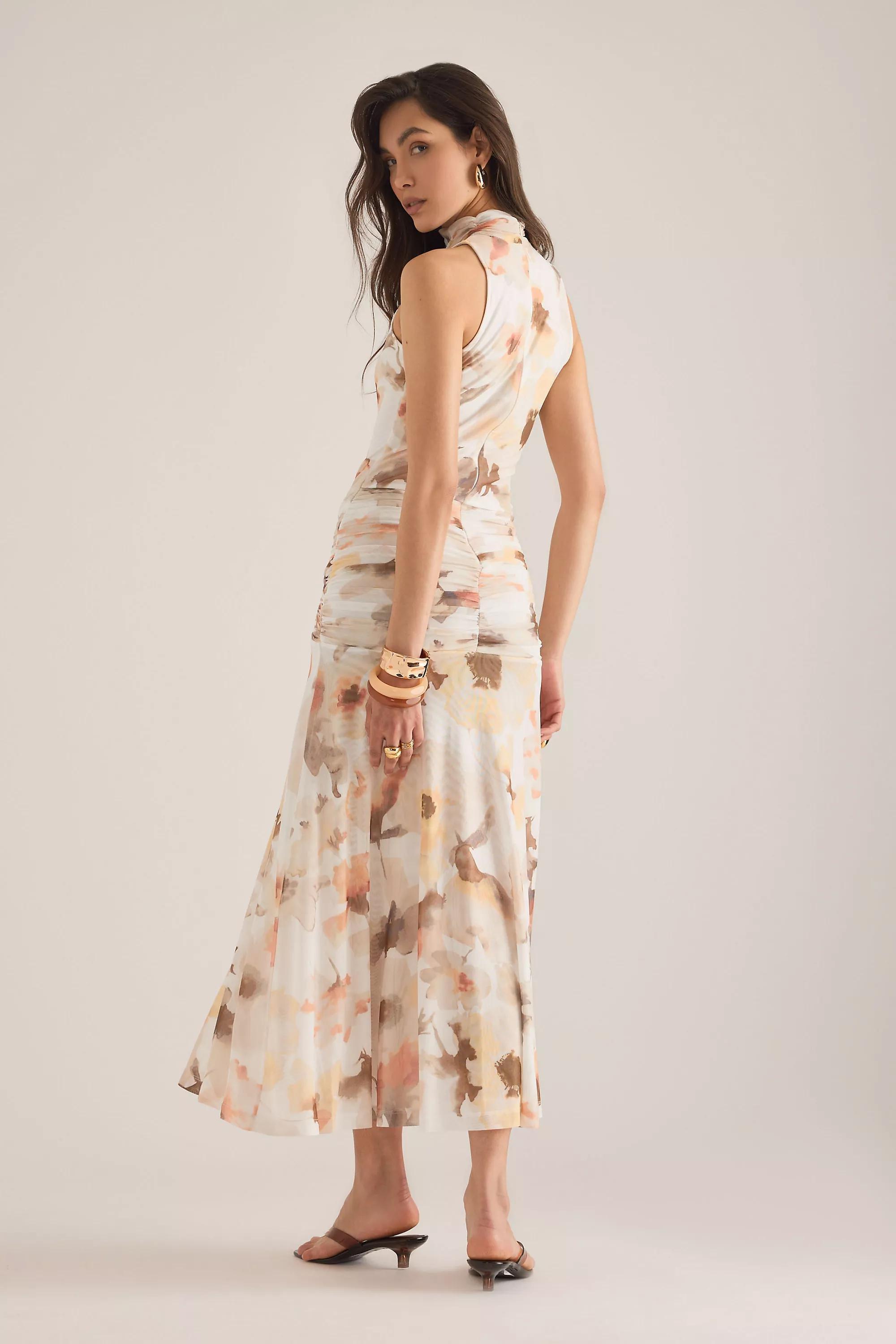Floral Bardot Leanna High-Neck Mesh Midi Dress, Beige, A501_0523, large image number 1