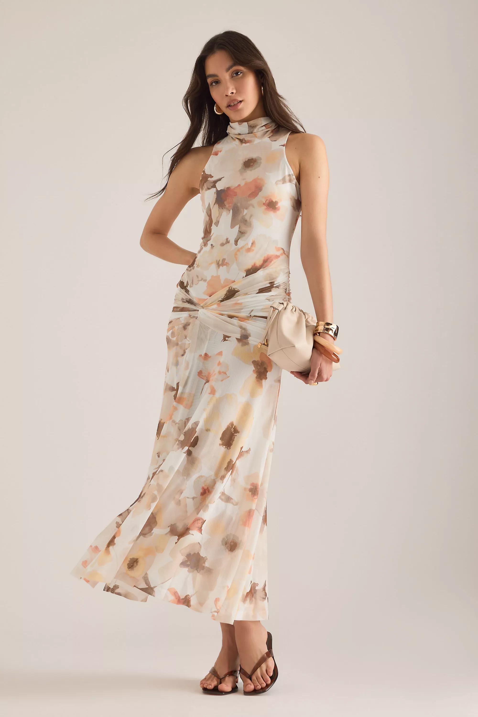 Floral Bardot Leanna High-Neck Mesh Midi Dress, Beige, A501_0523, large image number 2