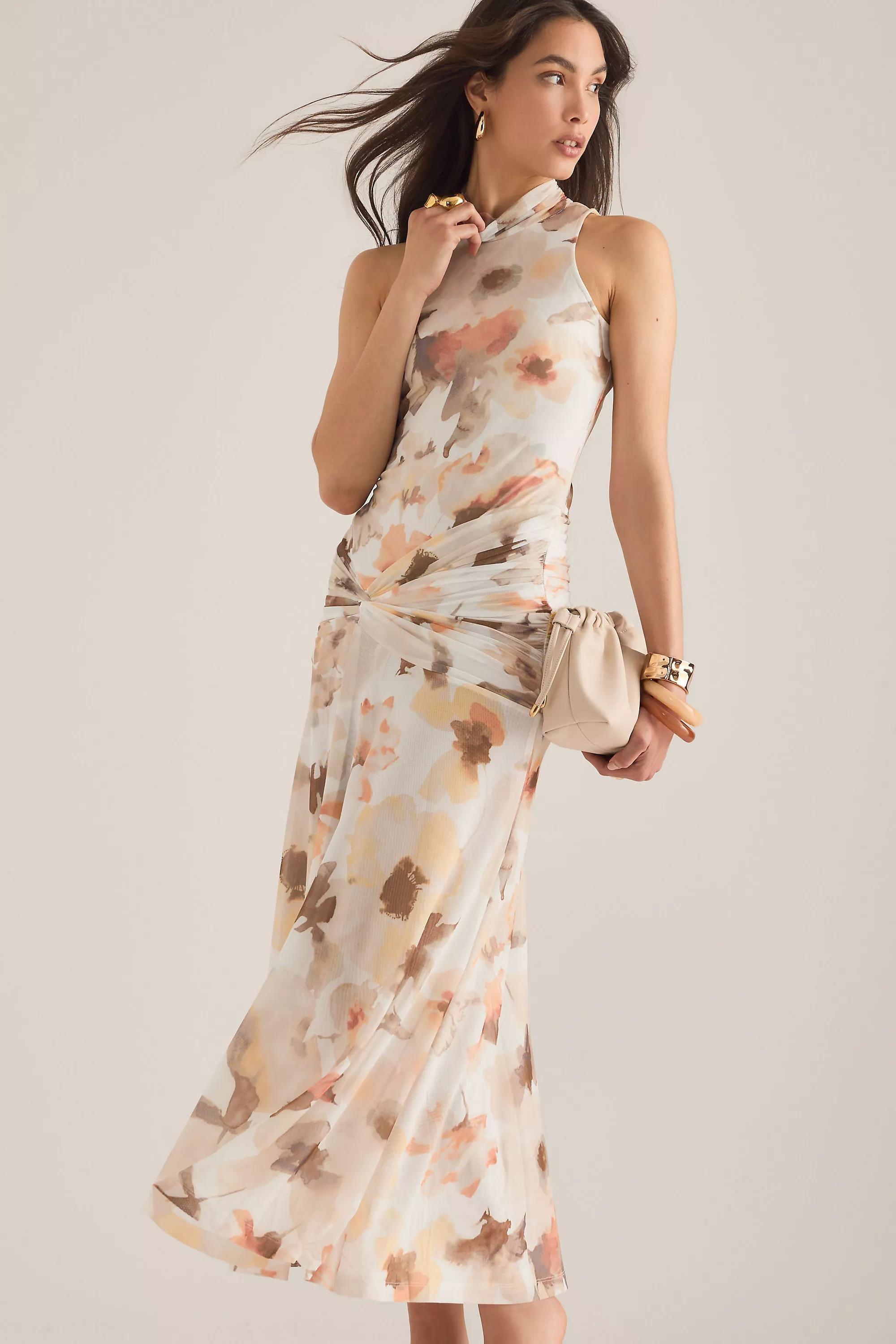 Floral Bardot Leanna High-Neck Mesh Midi Dress, Beige, A501_0523, large image number 3