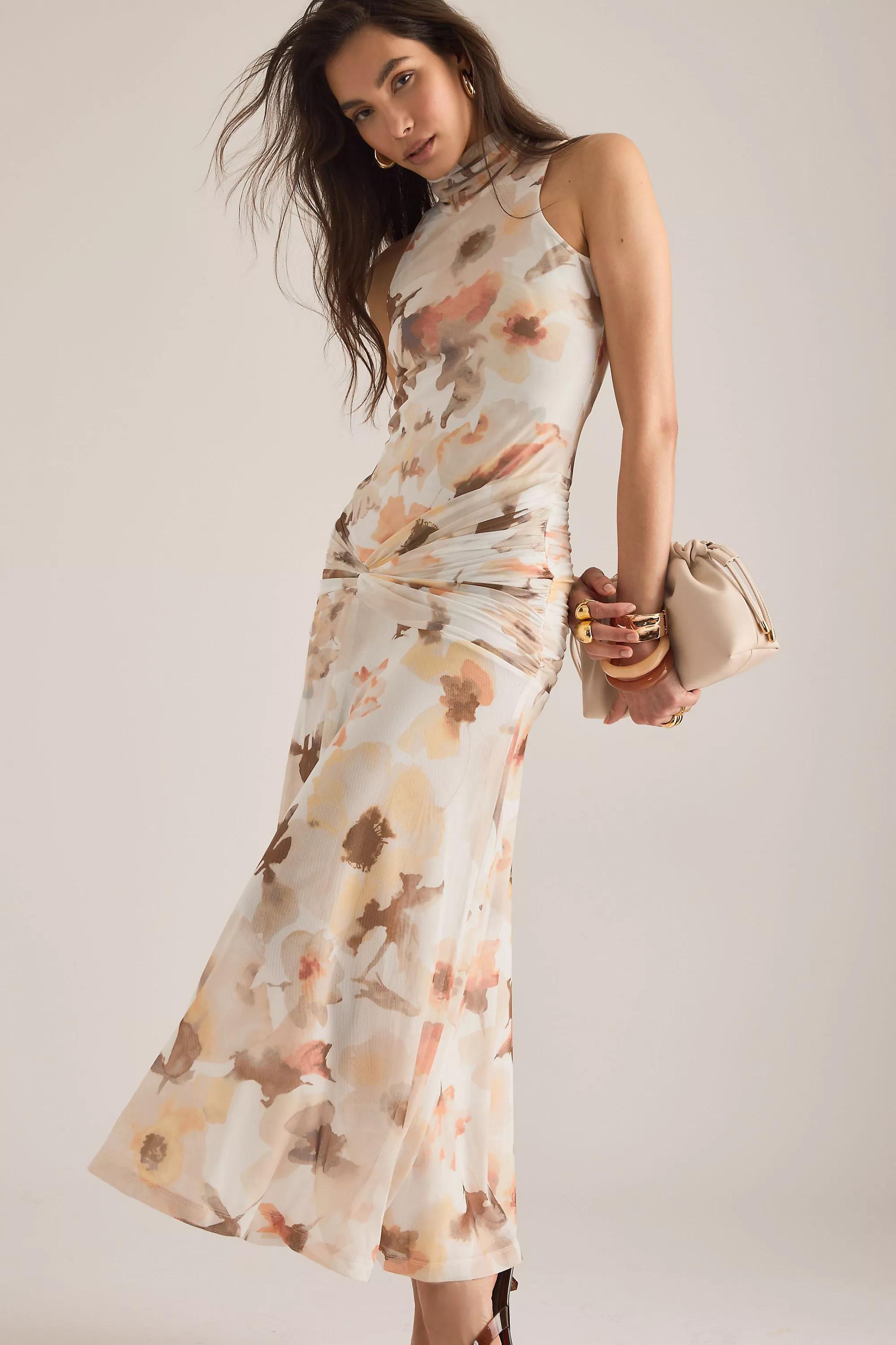 Floral Bardot Leanna High-Neck Mesh Midi Dress, Beige, A501_0523, large image number 5