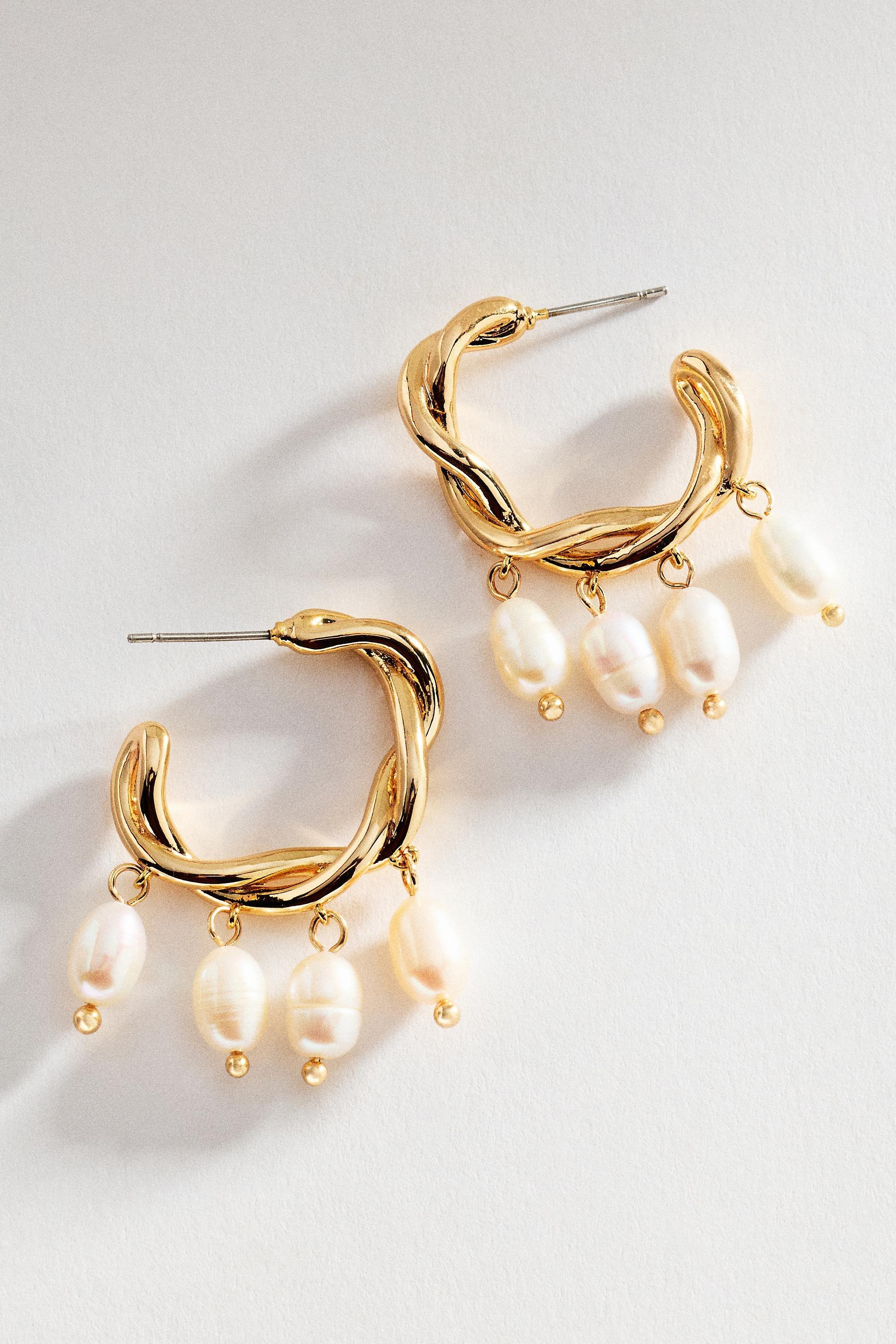 Pearl Twisted Hoop Earrings, Gold, A501_0017, large image number 0