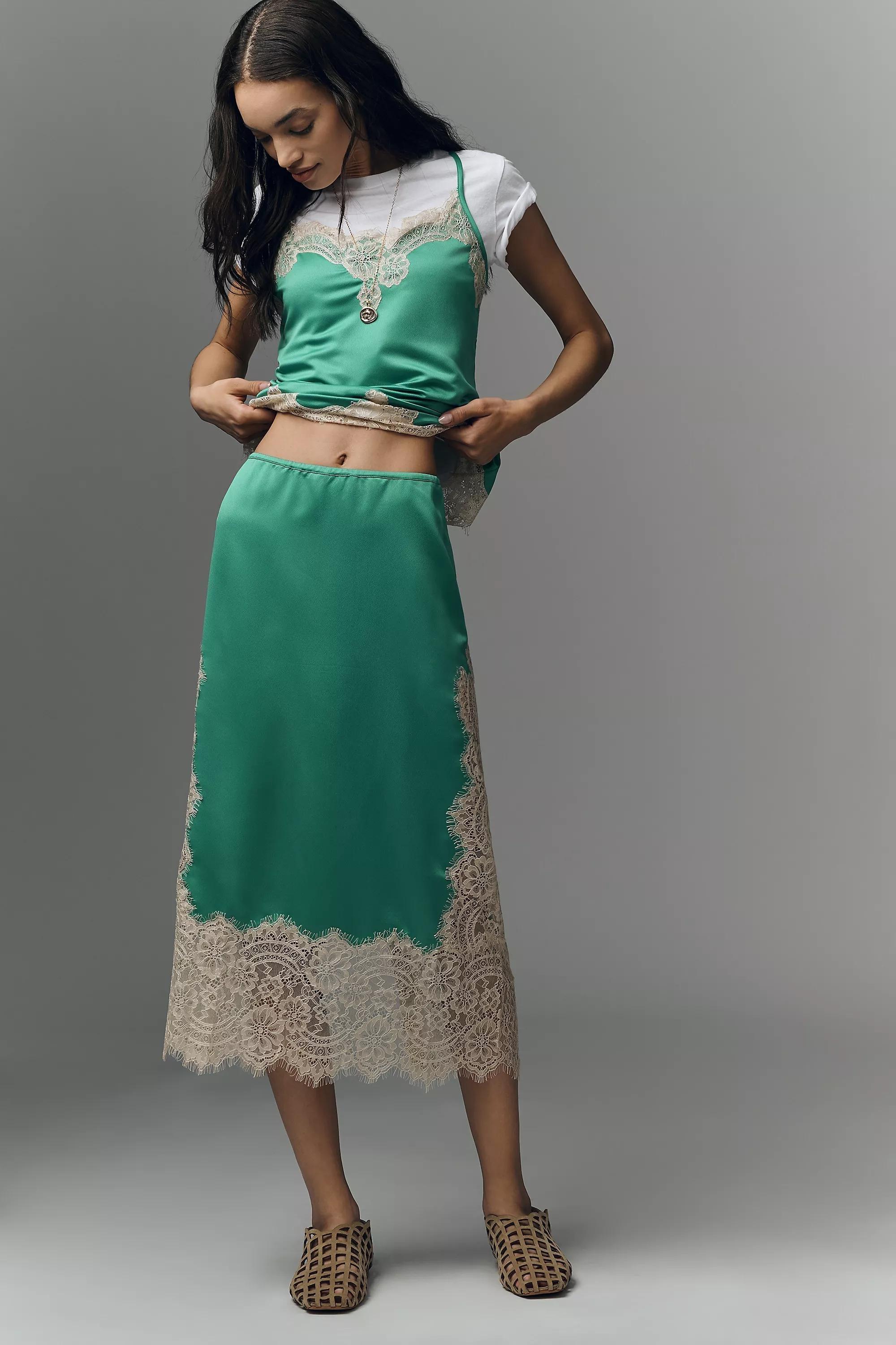 Laced Satin Midi Skirt, Blue, Turquoise, medium