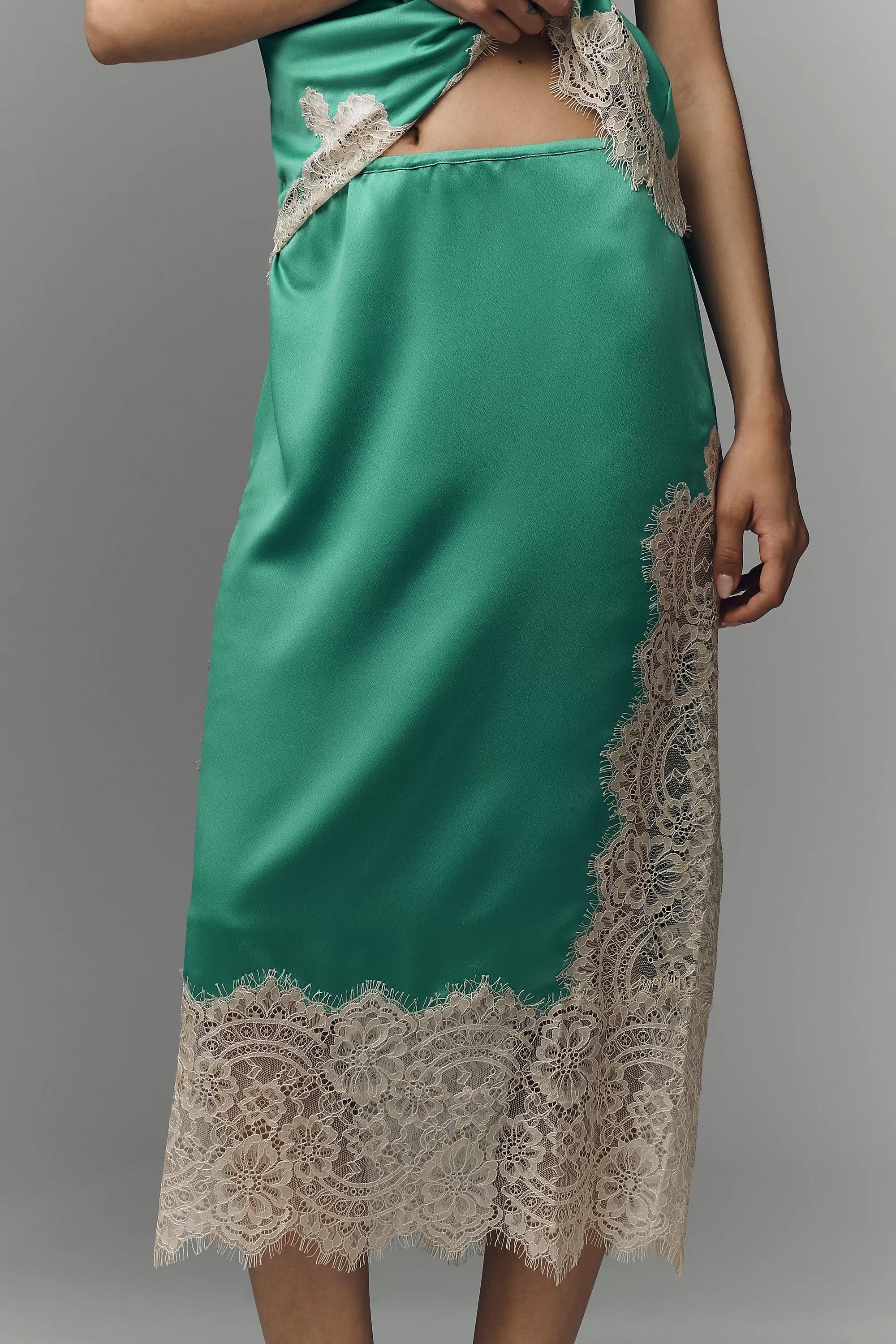 Laced Satin Midi Skirt, Blue, Turquoise, medium